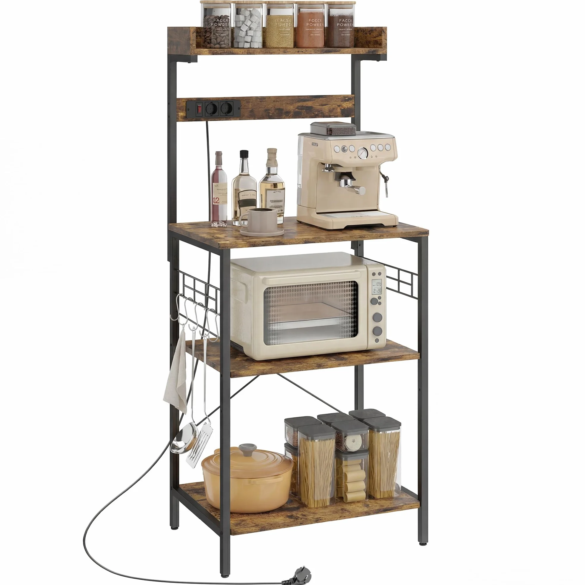 HOMCOM Estantería de Cocina con 2 Tomacorrientes, Estantería de Panadería Industrial con Estación de Café, Estante para Microondas, Estante Ajustable, Ganchos, 60x42x137 cm, Marrón Rústico y Negro