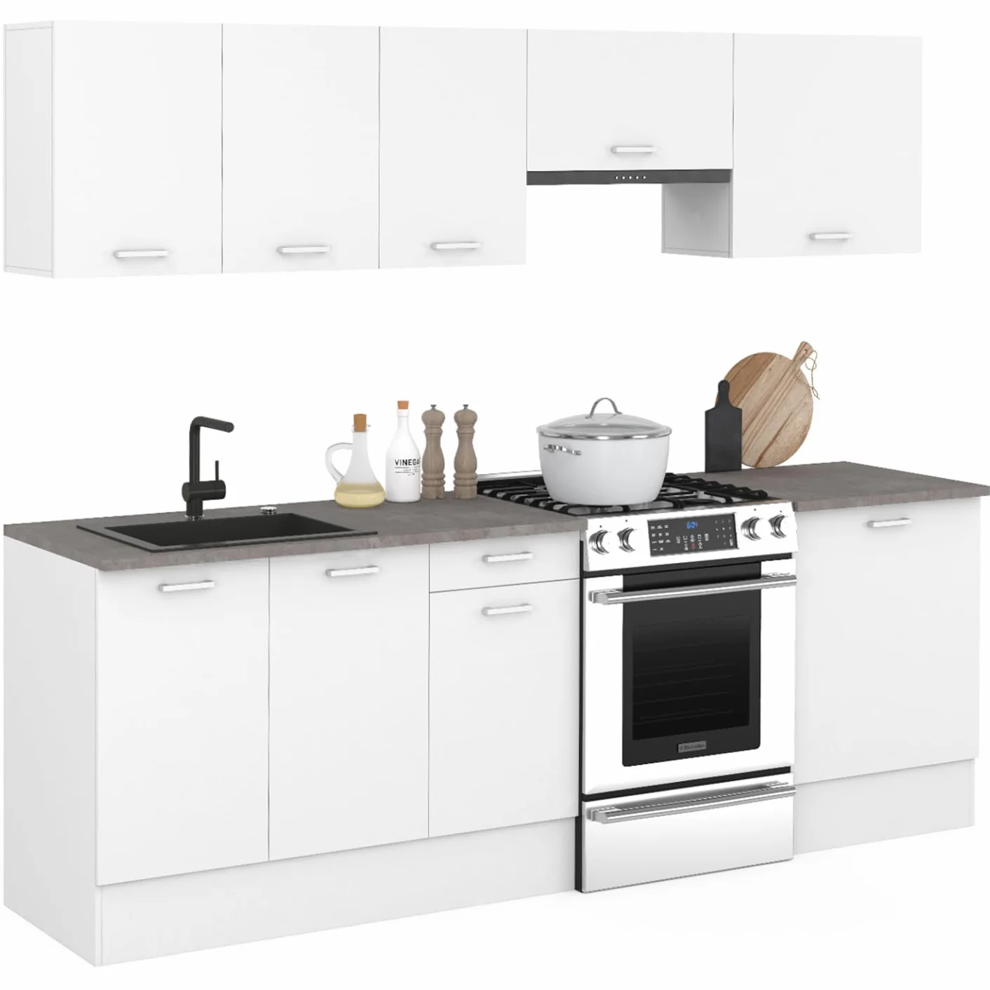 IDMarket - Cocina completa 240 cm sutil con encimera 7 elementos blanco y bandejas efecto hormigón