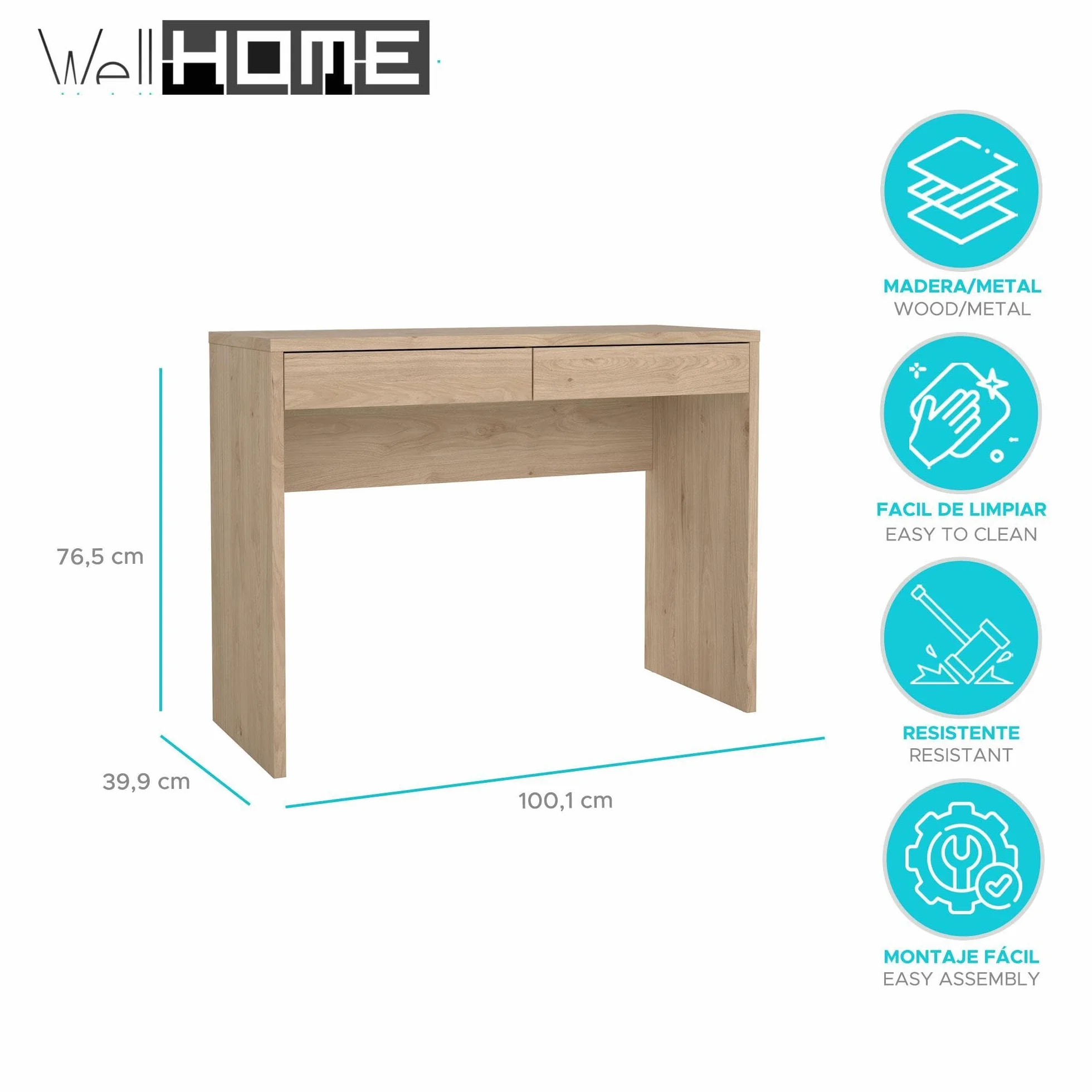 Mesa Escritorio de Estudio Jucar Oak con 2 Cajones, Color Roble, 101 x 40 x 77 cm