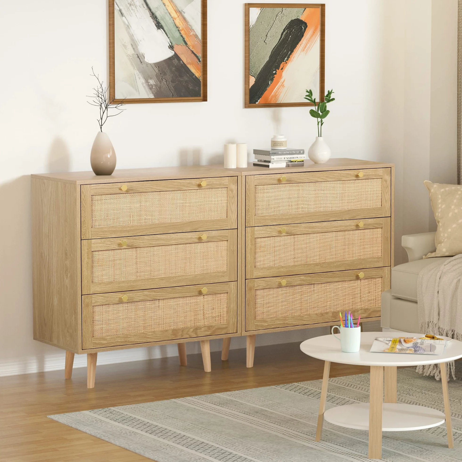 Cómoda con 3 Cajones Cómoda Dormitorio Estrecha con Frontales de Ratán y Patas Elevadas Cajonera para Salón Oficina 80x40x92cm Natural