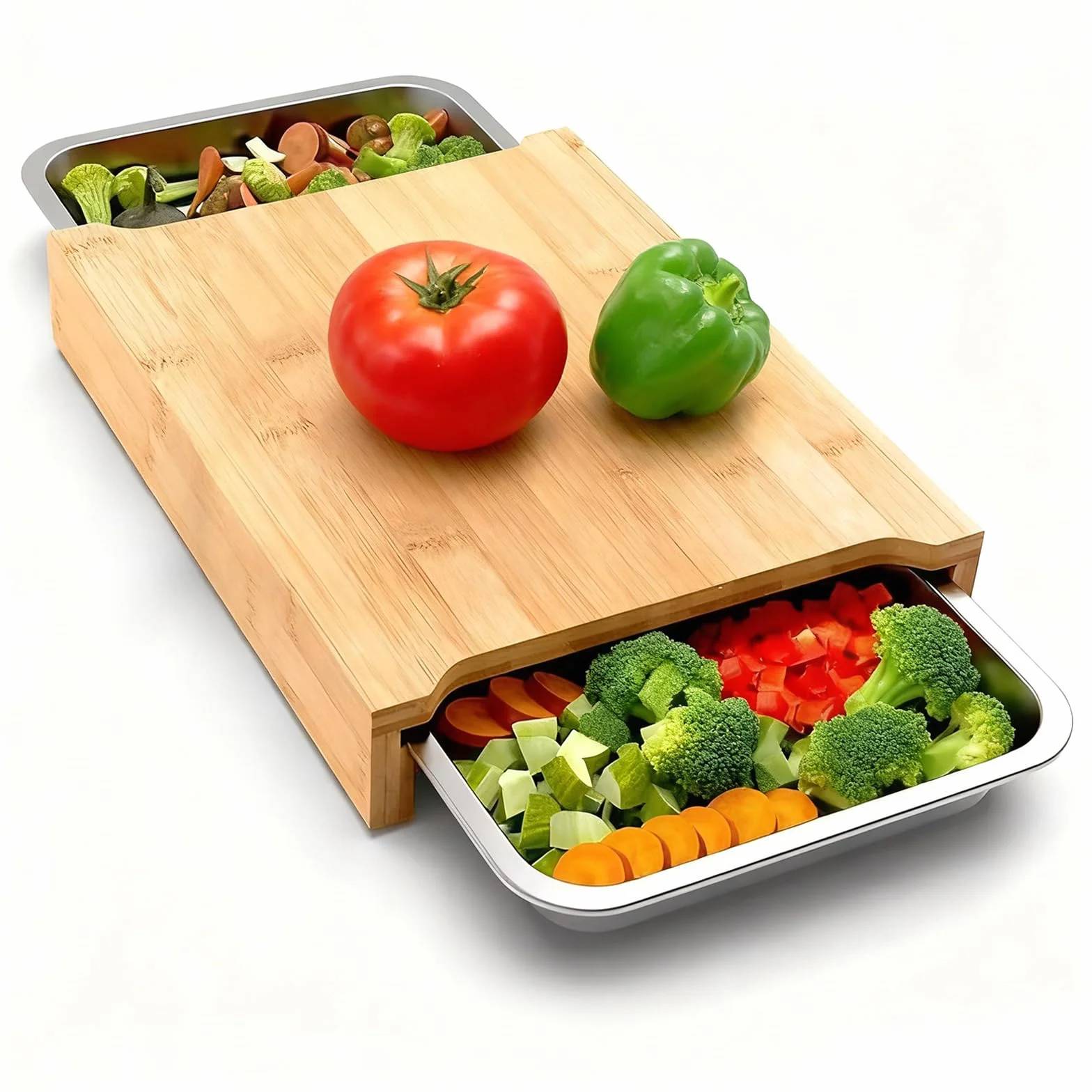 Tabla de cortar de bambú, tabla de cortar de cocina con 2 bandejas deslizantes de acero inoxidable para preparación de alimentos, carne, verduras
