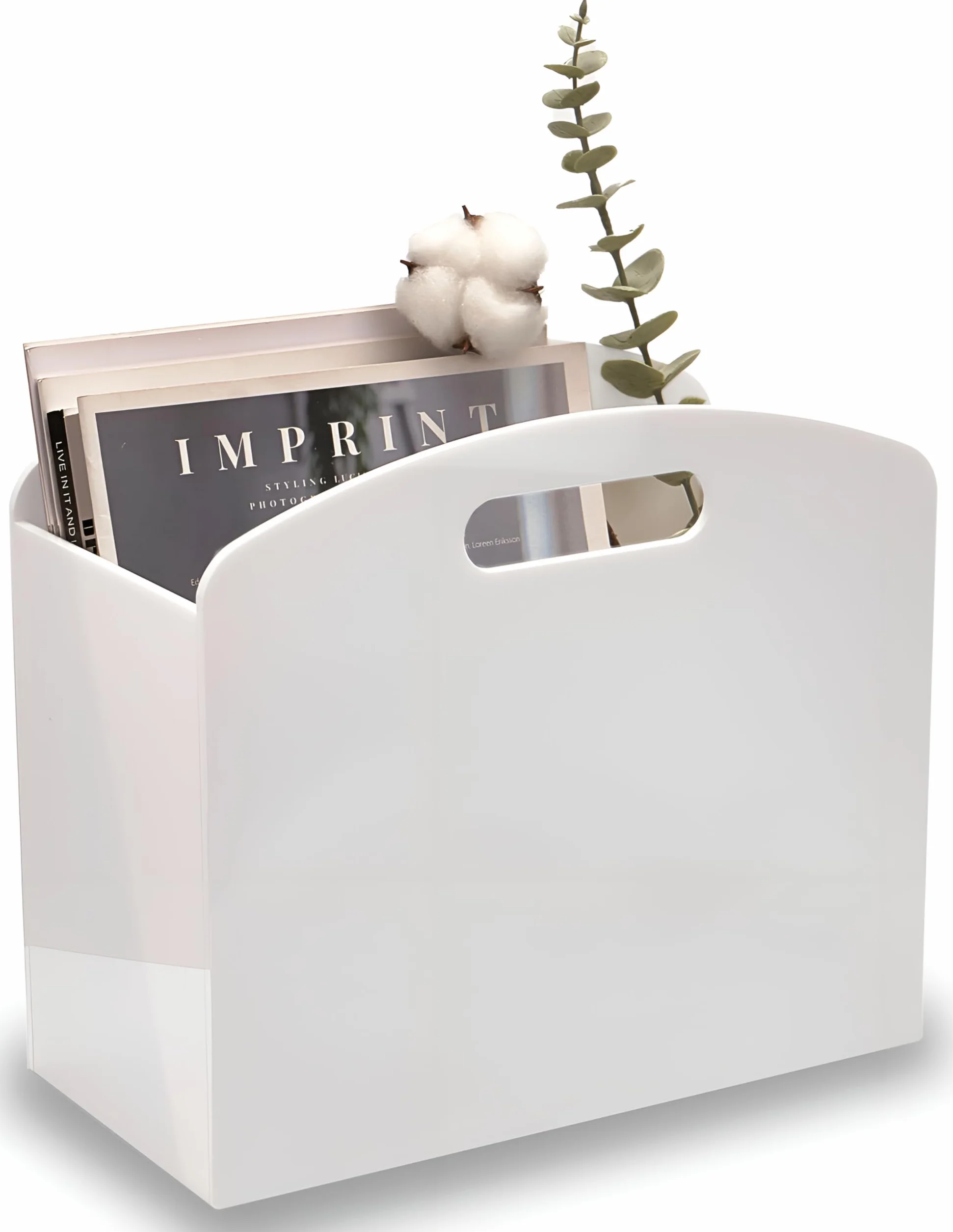 Revistero blanco – Revistero acrílico para piso, soporte de periódicos con asas, moderno Lucite para revistas y cesta de libros para baño, dormitorio, sala de estar