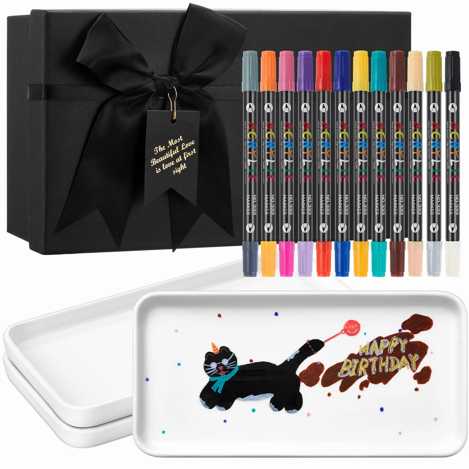 Sinmoe Set Pintura de Cerámica DIY 3 Platos de Cerámica Bandeja de Servir Blanca 12 Bolígrafos de Porcelana de Lavavajillas Caja de Regalo para Navidad Pareja Amigas Familia (Rectangular, 10 Pulgadas)