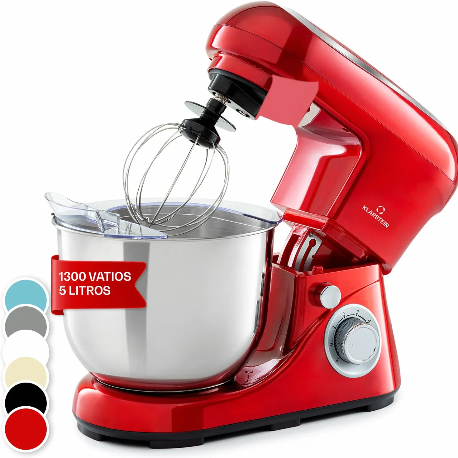 Klarstein Batidora Amasadora con Bol 5L para Hornear, Robot Cocina, Amasadora Reposteria 1300W, Gancho y Bol para Mezclar, Electrodomesticos Cocina Varillas Rotación Planetaria con 6 Velocidades