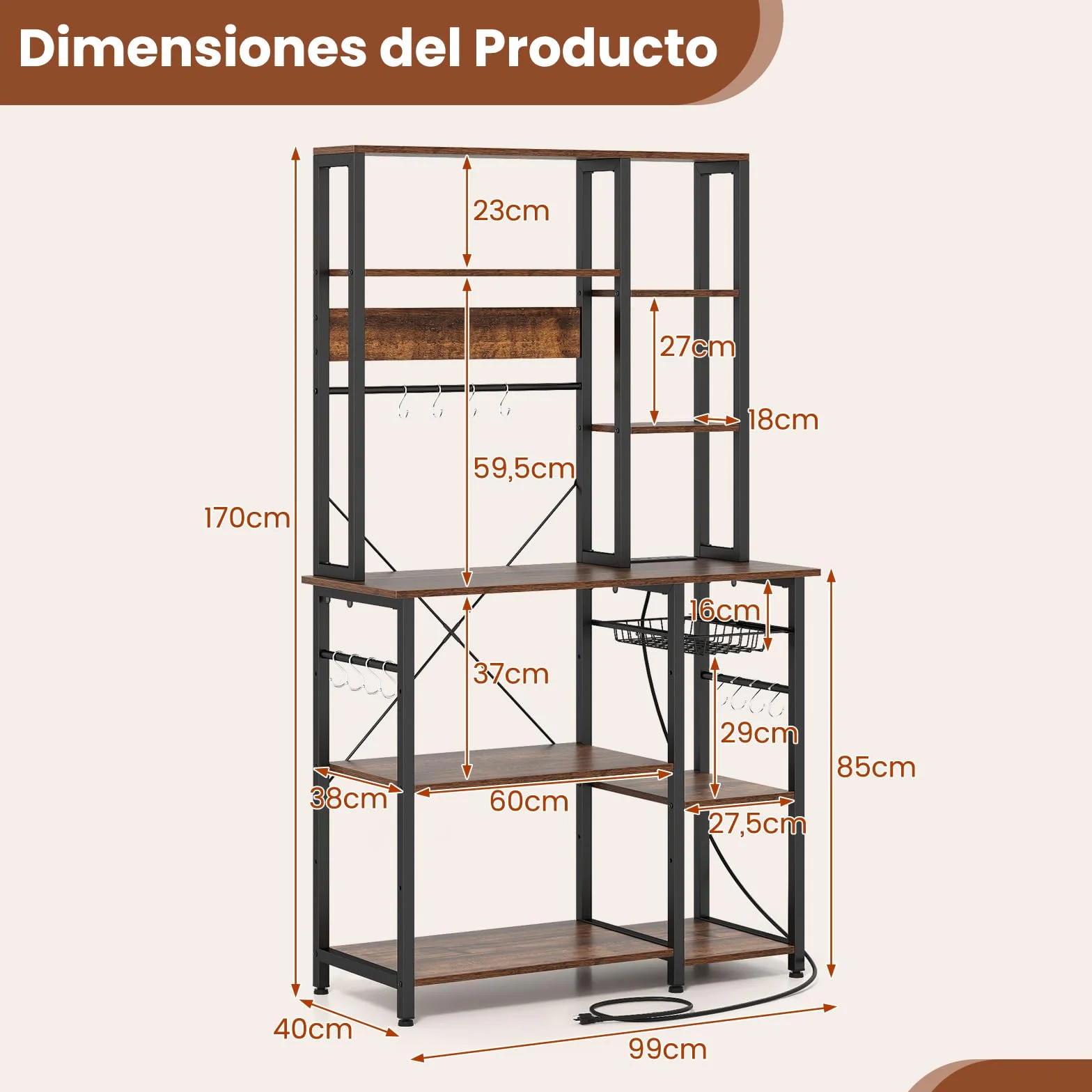 COSTWAY Estantería de Cocina, Armario de Cocina, Mueble para Microondas de 6 Niveles con Estantes Abiertos de Madera, Ganchos y Cesta, Marco Metálico, Organizador Almacenaje Cocina para Aparatos