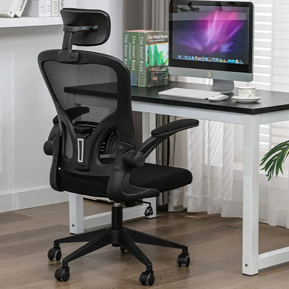 Silla de Oficina ergonómica, Silla de Oficina con reposabrazos Plegables, Silla de Oficina con Soporte Lumbar cómodo, Silla de Oficina rotativa (Negro)