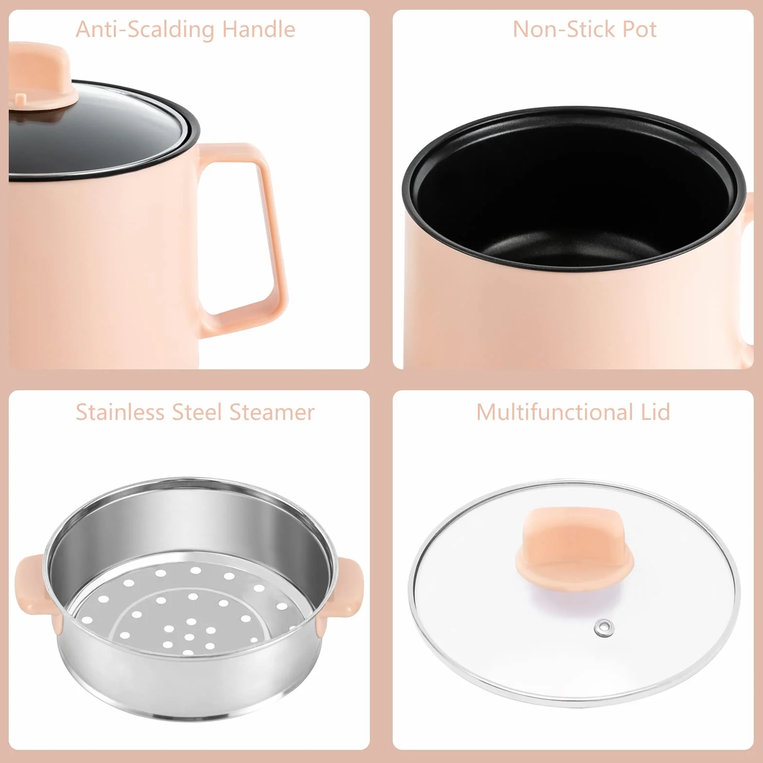 Ramen Cooker Olla Eléctrica 600 W Antiadherente con Cesta de Vapor Multifunción Portátil (Rosa)