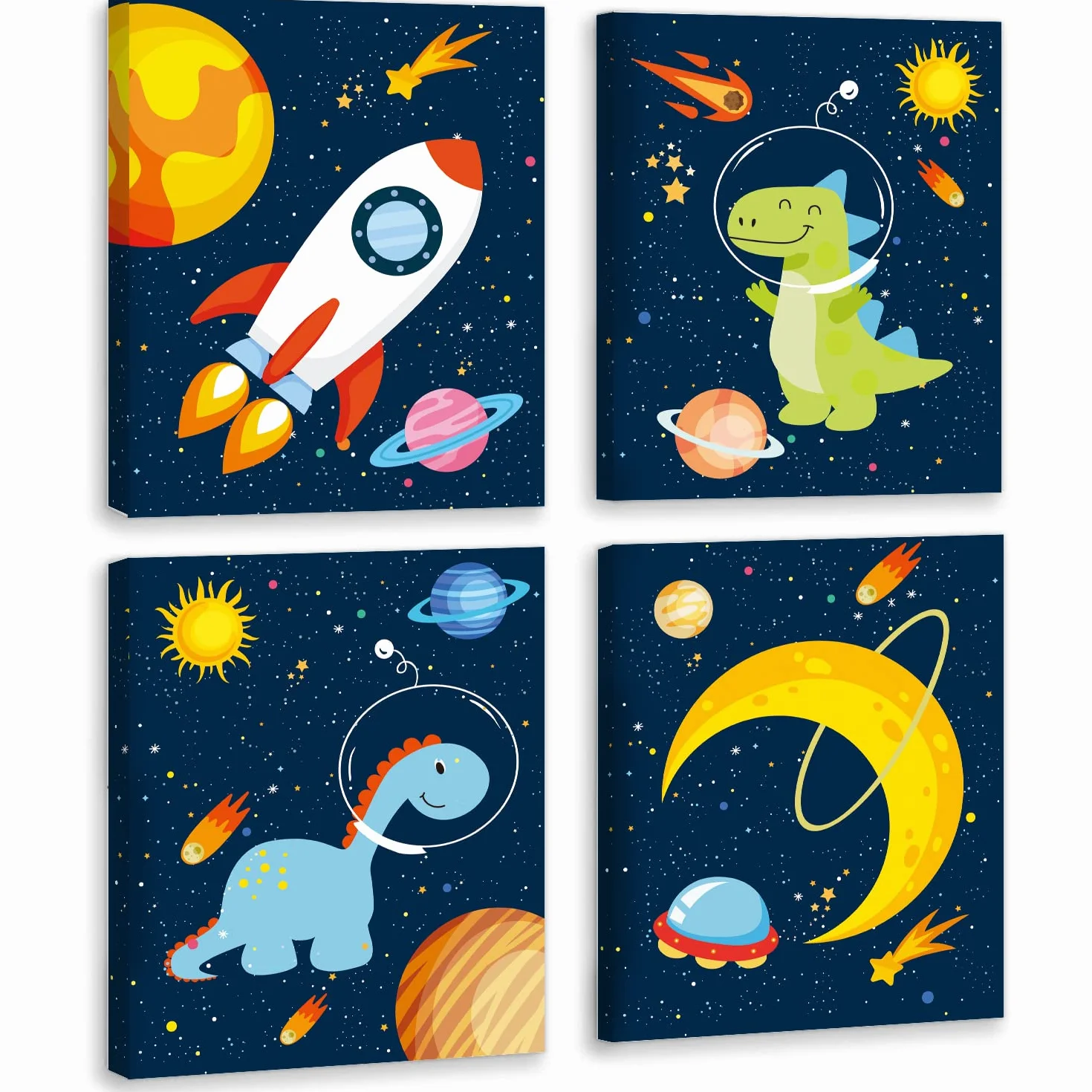 KAIRNE Póster de lienzo de pared de dinosaurios del espacio exterior, juego de 4 (12 x 16 pulgadas, enmarcado) planeta astronauta, decoración de cohete para habitación de niños, habitación de niños,