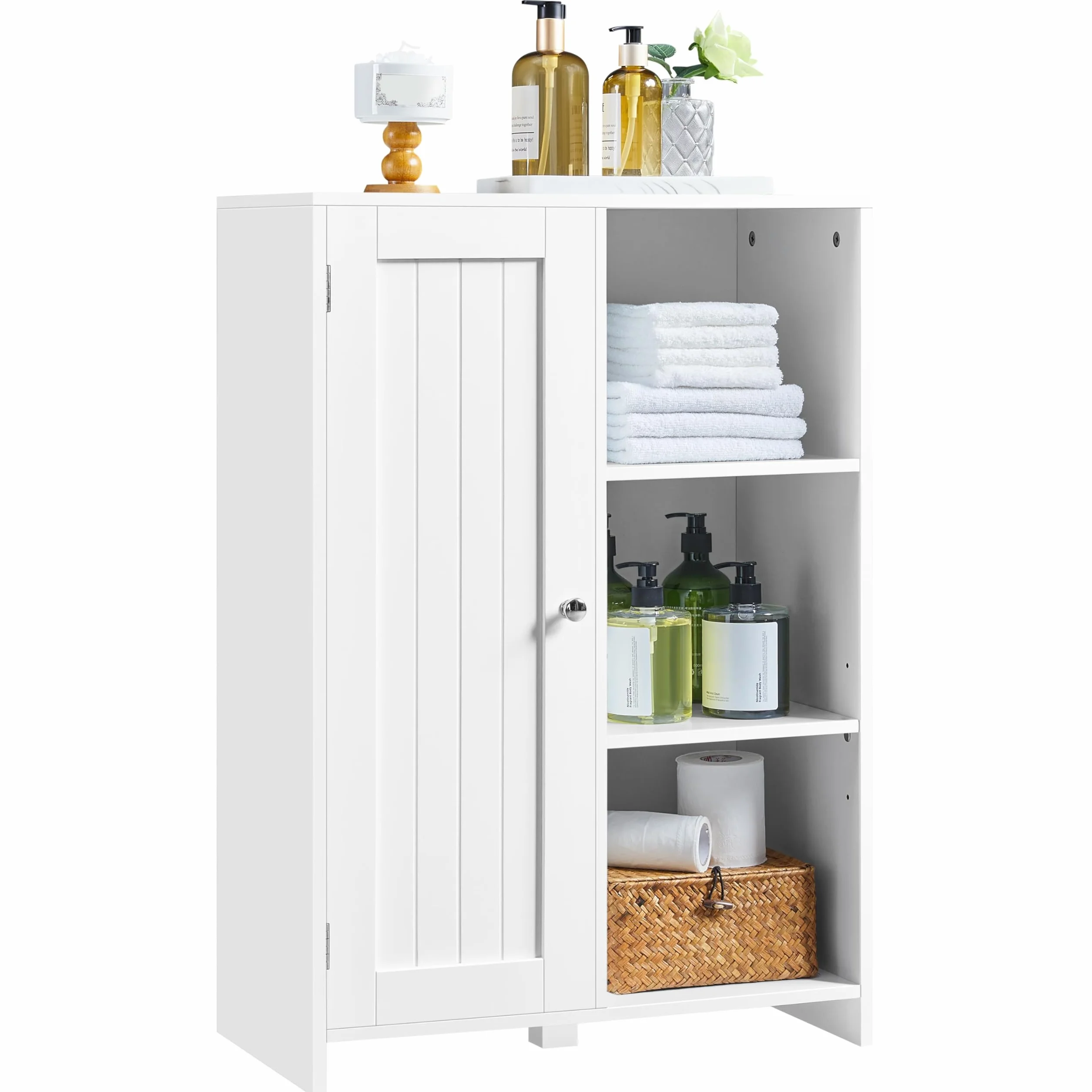 Yaheetech Armario de Suelo para Baño Moderno con Puerta Única 3 Estantes Abiertos Mueble de Almacenaje para Baño Oficina en Casa Blanco