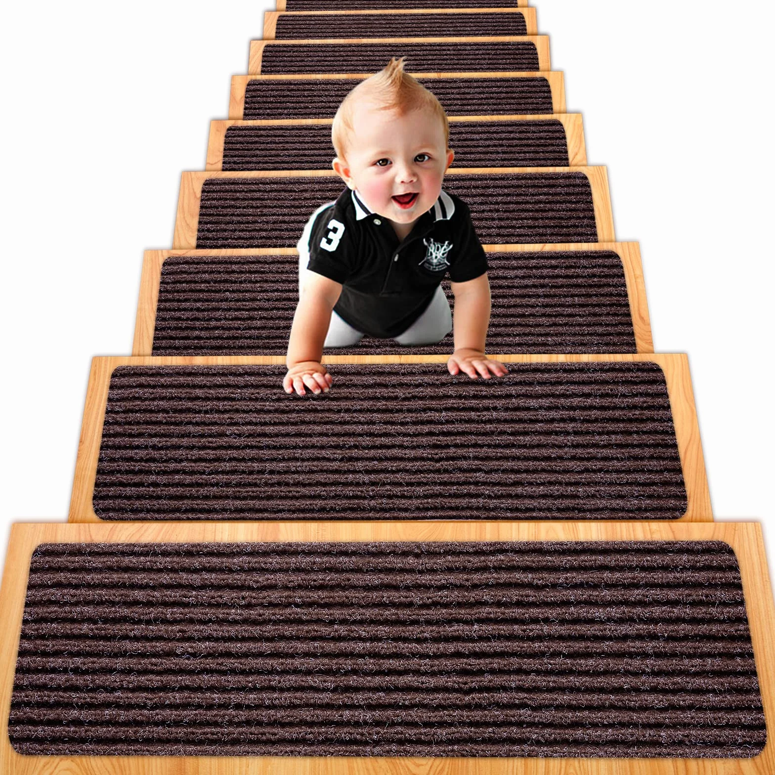 Spurtar Alfombras Antideslizantes Peldaños de Escalera, 76 cm x 20 cm, Juego de 15 Unidades, Autoadhesivas, para Escalones Interiores, para Diferentes Tipos de Escaleras, Escalones, Alfombras, Marrón