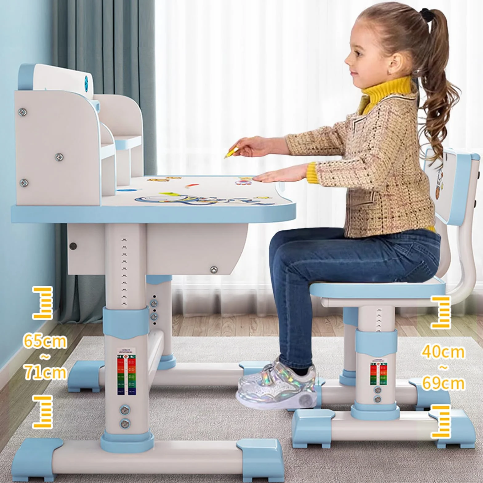 Mesa Escritorio Infantil con Silla y Estantería - Set de Estudio para Niños 3-18 Años Ajustable en Altura, con Diseño de Cómic, Pizarra Grande y Organizador de Libros (Rosa)