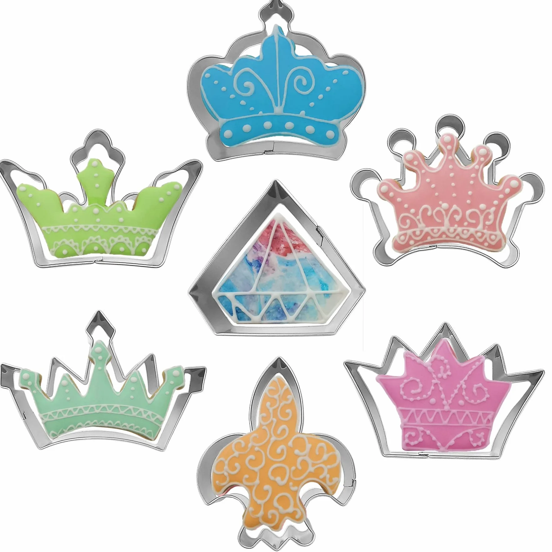 Crown - Juego de 7 cortadores de galletas de acero inoxidable de la serie Princess Crown Series Moldes para hornear fondant