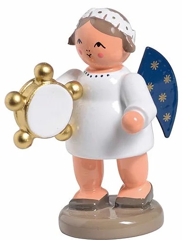 KWO Olbernhau 75693 – Figura de ángel con pandereta, Madera, 8 x 5,5 x 4 cm, Multicolor