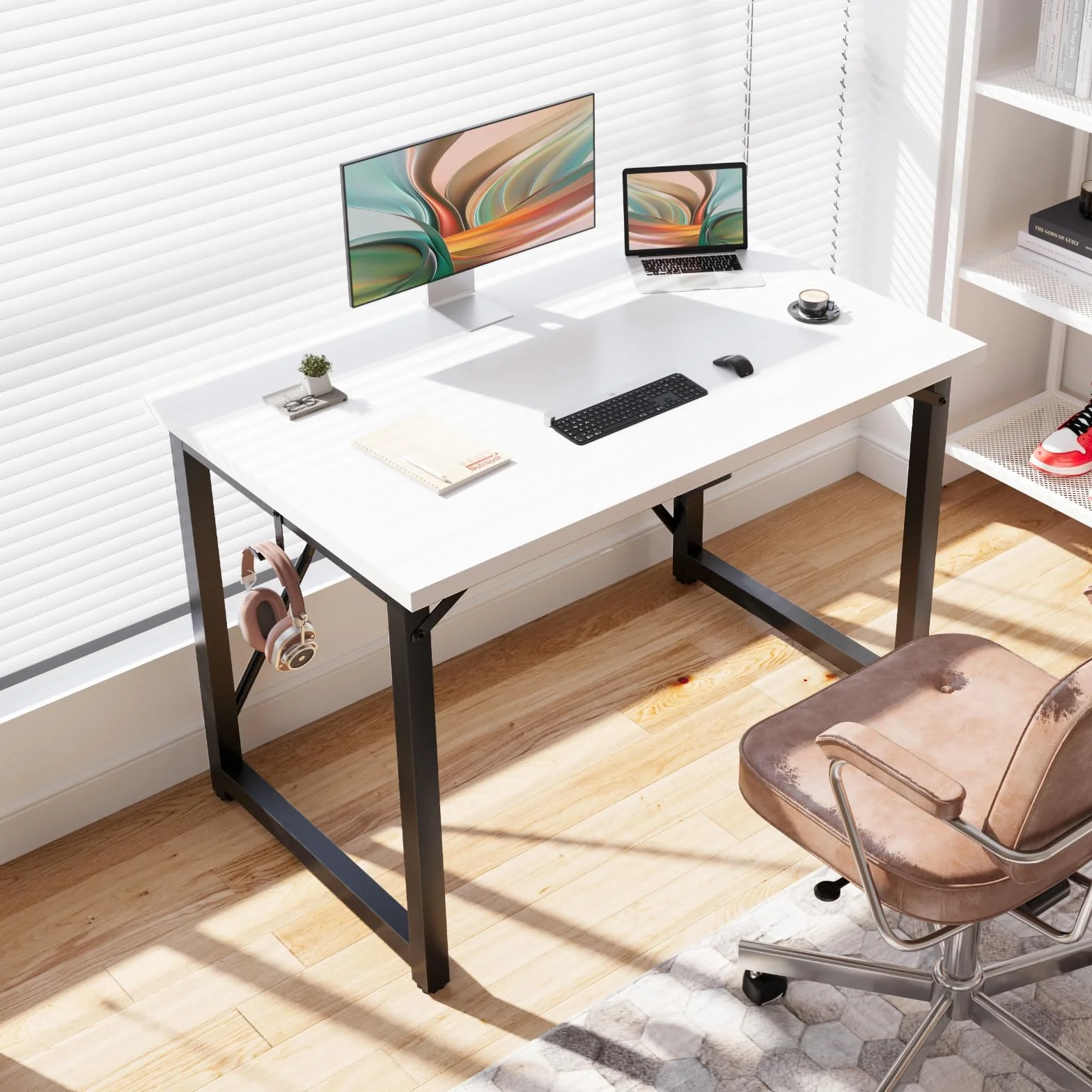 Devoko Escritorio pequeño para Ordenador, 100 x 50 x 73 cm Escritorio, Mesa de Oficina en casa, Escritorio para Ordenador portátil, Mesa de Diseño Industrial Blanco