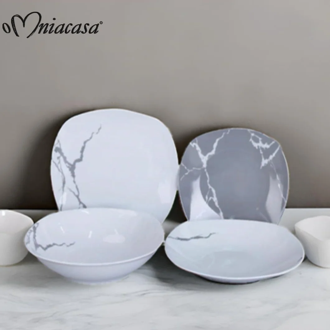 Vajilla de 38 piezas para 12 personas | Resistente porcelana blanca y gris, diseño moderno marmolado, elegante refinado, uso diario, ocasiones especiales, lavable en lavavajillas