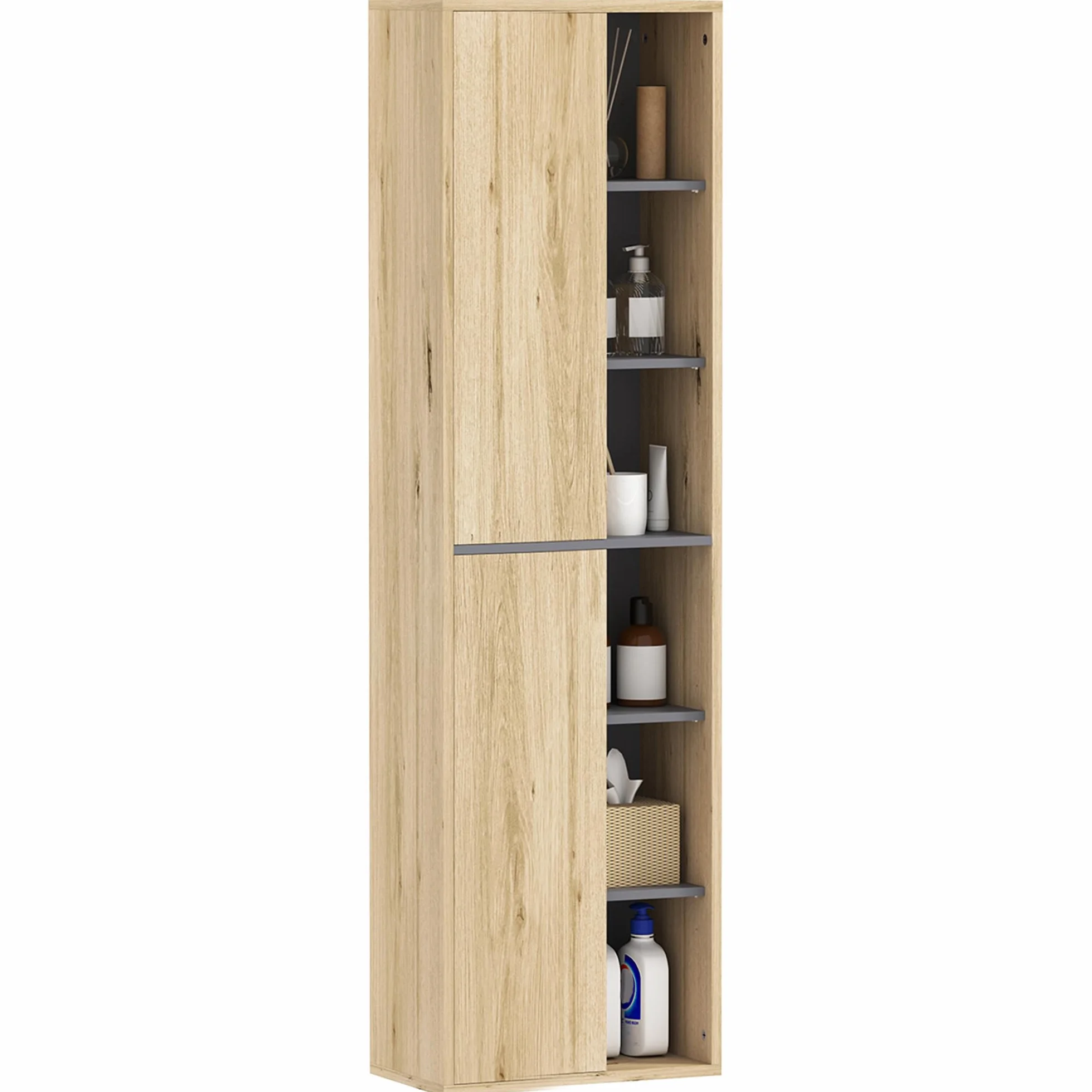 HOMCOM Columna de Baño de Pared Armario de Baño con Compartimentos Abiertos y 2 Puertas Mueble de Baño Moderno 40x24x141,5 cm Natural