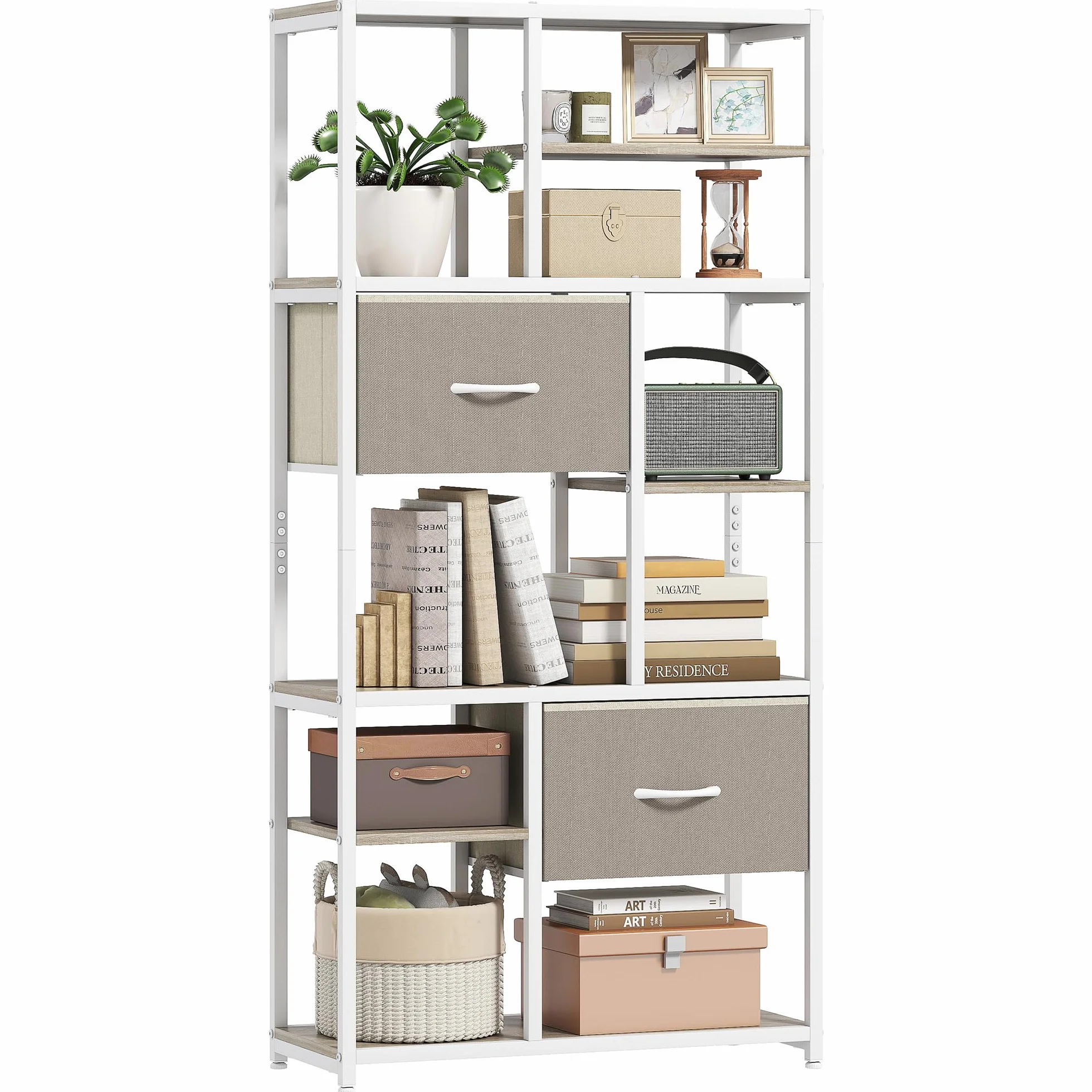 HOMCOM Mueble de almacenaje de 6 Niveles, librería con 2 cajones de Tela, 9 estantes Abiertos, Mueble de almacenaje con Estructura de Acero para salón, Estudio, Dormitorio, 72,5 x 30 x 150 cm,