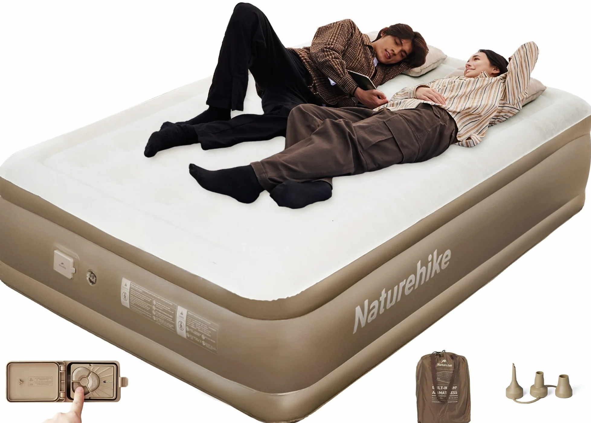 Naturehike Colchón Hinchable Matrimonio con Bomba Integrada Recargable - 198x152x45cm Cama Hinchable Autogonflable para Camping y Casa - Colchón Camping Portátil y Resistente