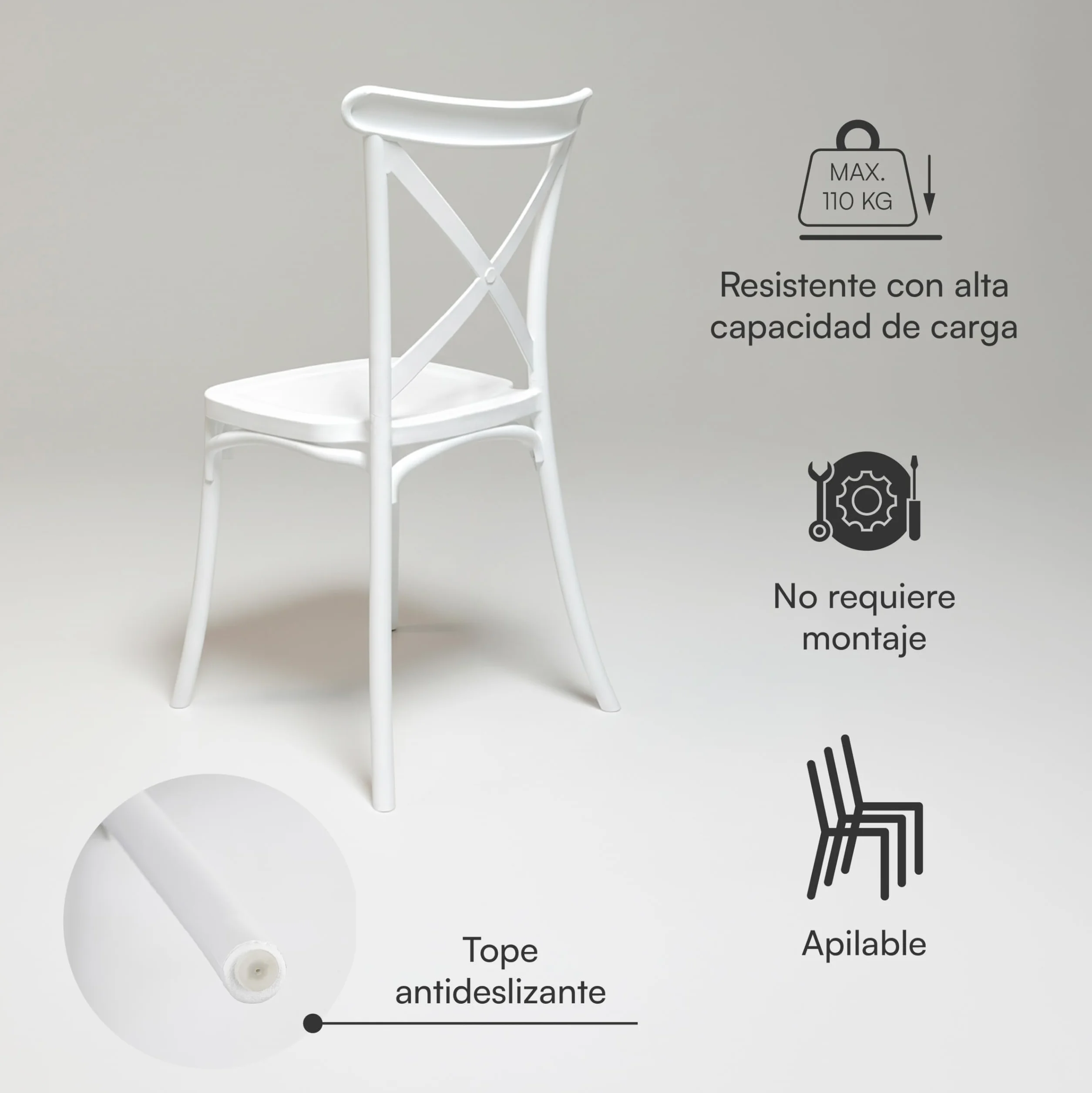 Baroni Home Set de 4 Sillas de Plástico Blanco – Apilables, Sin Montaje, Fáciles de Limpiar, con Patas Antideslizantes, para Cocina, Salón, Comedor, Exterior, 44x44x82 cm, Respaldo Trenzado