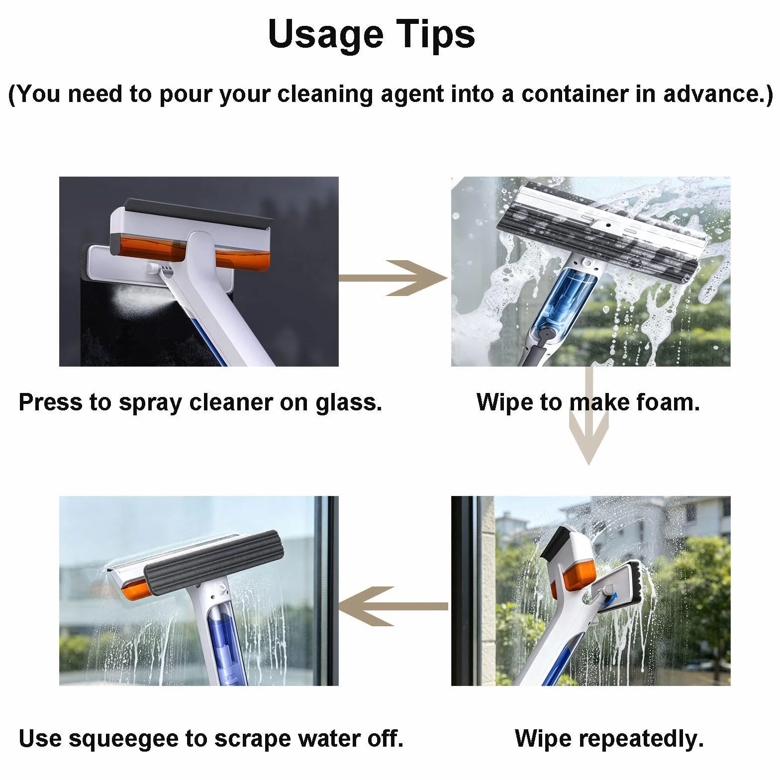 Limpiacristales 4 en 1 con Mango Telescópico de Ventanas con Depósito de Agua Residual Limpiacristales en Spray de Doble Cara Adecuado para Múltiples Escenarios