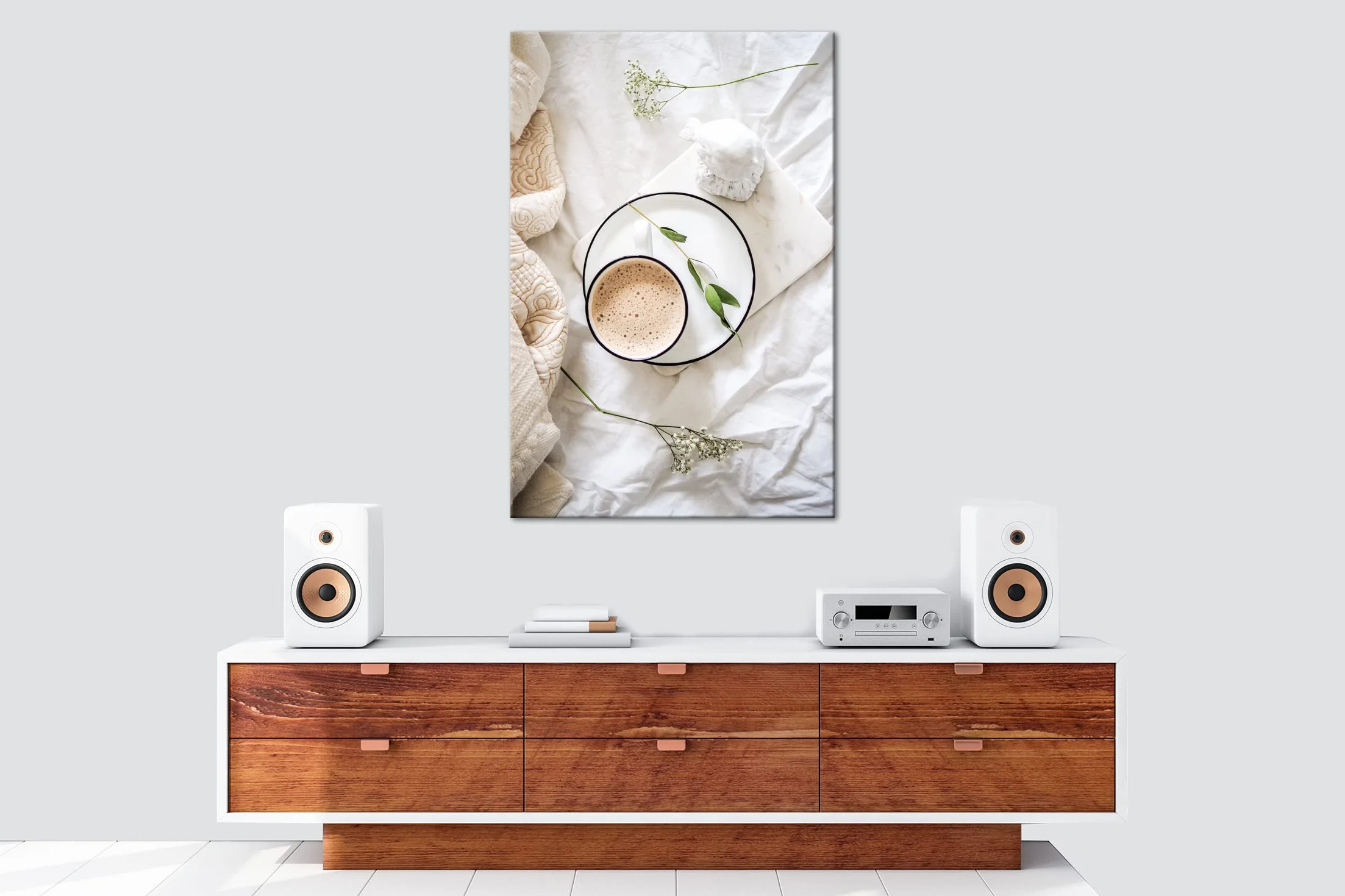 Rahmenlos - Lienzo con diseño de café en la mañana (100 x 70 cm, con marco de madera, impresión digital de , sin póster ni cartel)