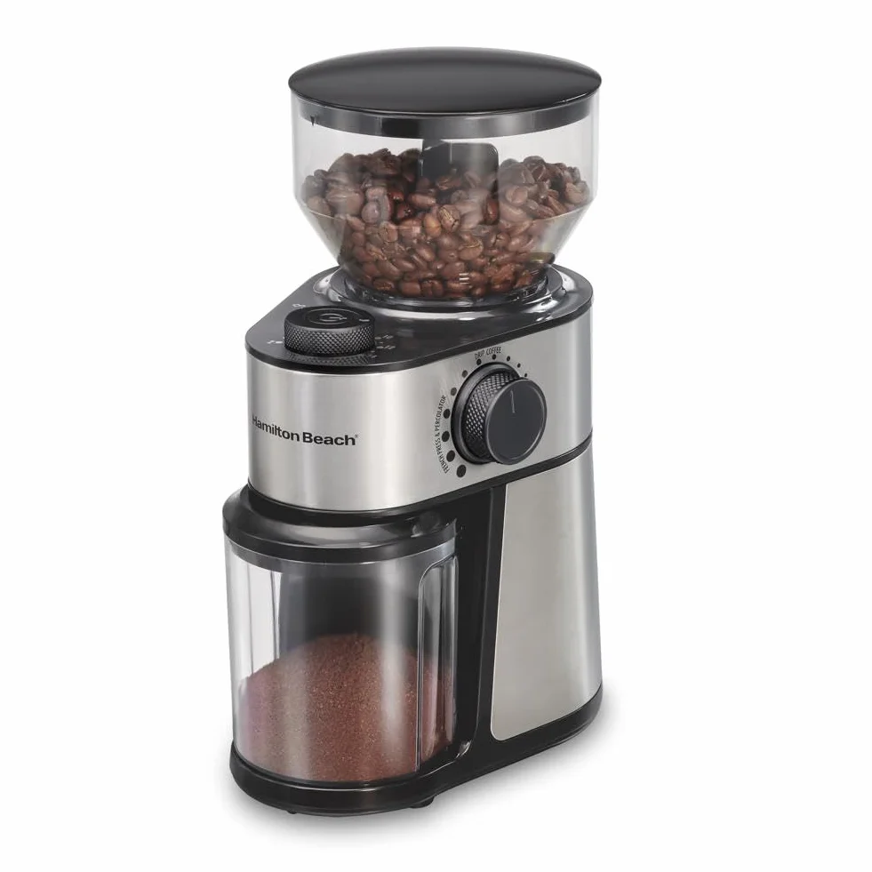Hamilton Beach Molinillo de café eléctrico con tolva grande de 16 onzas y 18 ajustes para 2-14 tazas, acero inoxidable (80385)