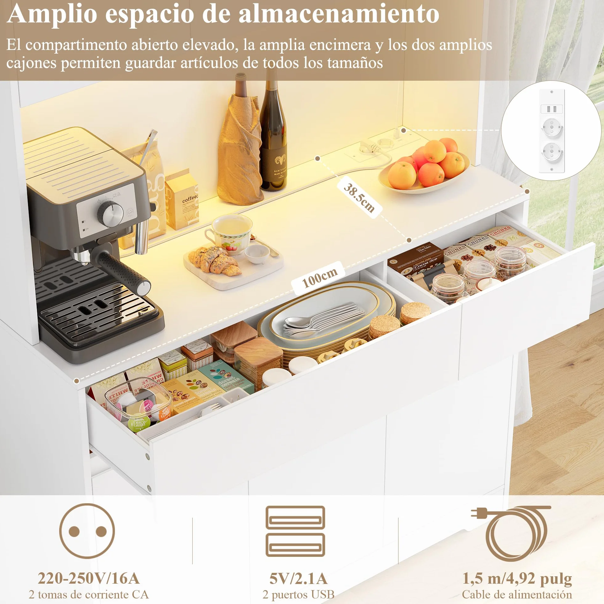 FirFurd Alacena Cocina Grande, Muebles de Cocina, Armario Cocinas Almacenaje, Mueble Almacenaje con Iluminacion LED, Regleta, Encimera para Microondas, 2 Cajones, 6 Puertas, Blanco 100x38.5x180cm