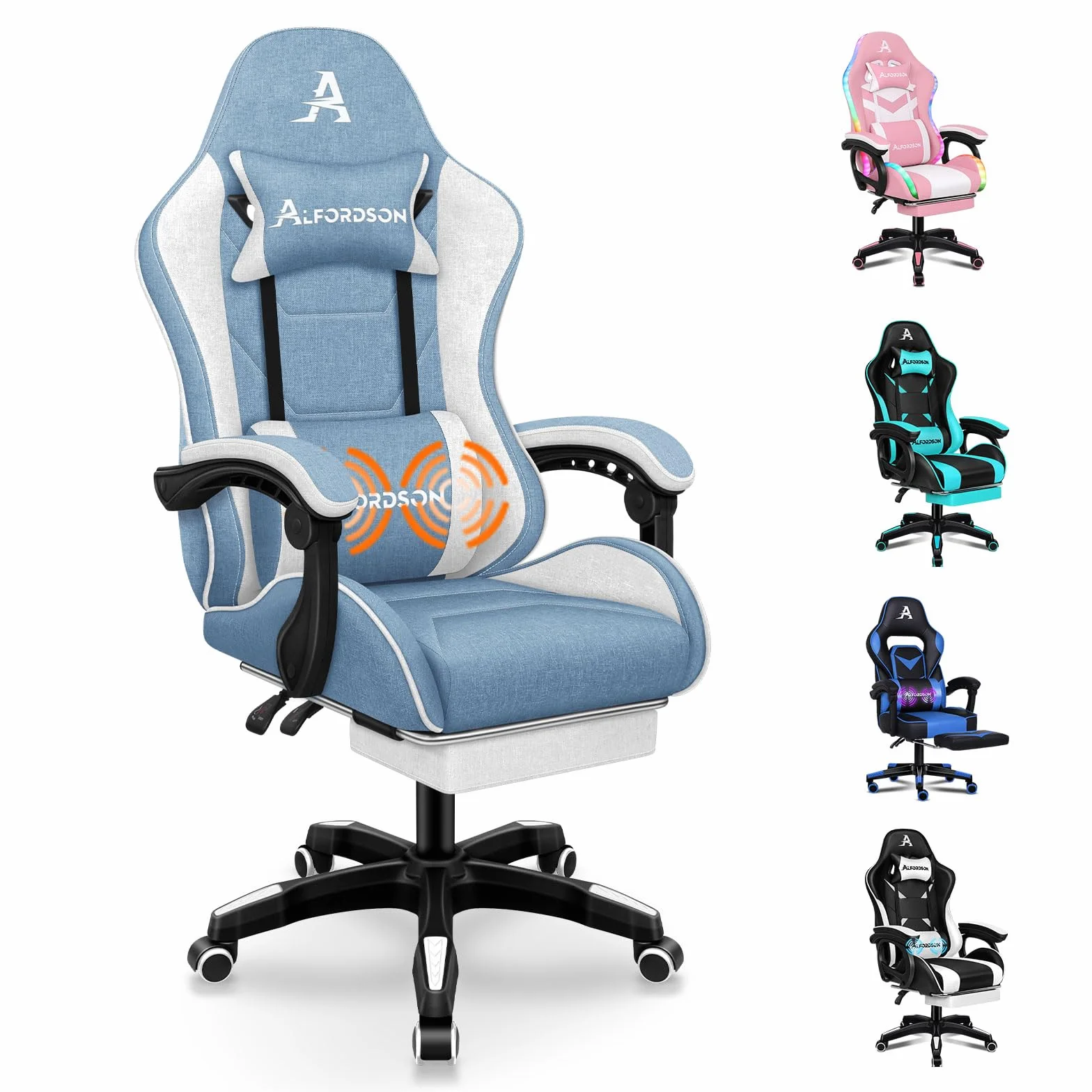 ALFORDSON Silla Gaming Ergonómica con Masaje, Silla Gamer de Oficina con Lumbar Massaggiante, Reposapiés Retráctil,Altura Ajustable,Reclinable 150°,Asiento Cómodo,Soporta 180 kg, Lino(Azul y Blanca)