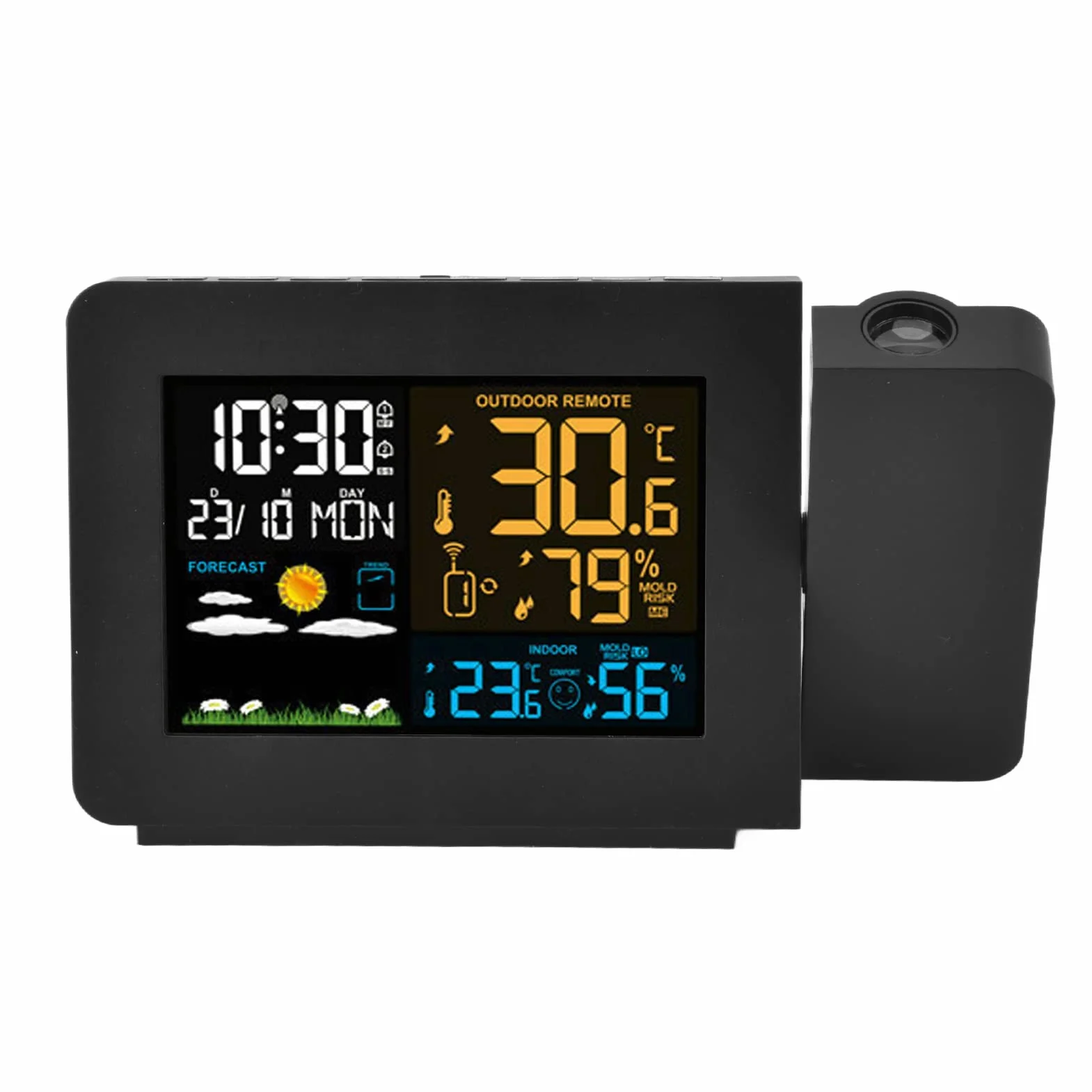 CHICIRIS Reloj Despertador Digital con Proyección para Dormitorio Estación Meteorológica Inalámbrica Termómetro Higrómetro Interior Exterior 7 Idiomas Alarma Dual