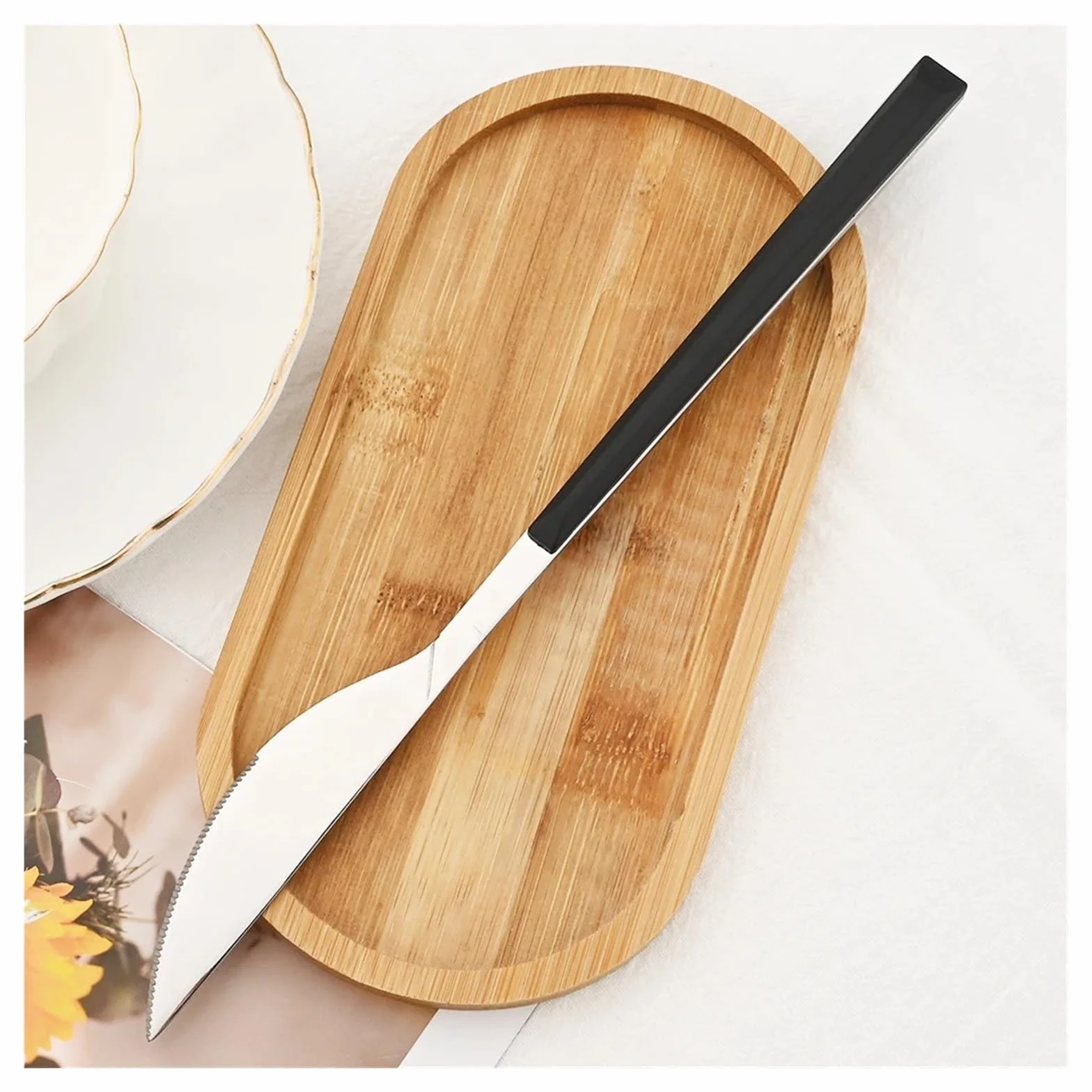 Juego de cubiertos de acero inoxidable, 24 piezas con mango de madera de imitación creativo, vajilla duradera y elegante