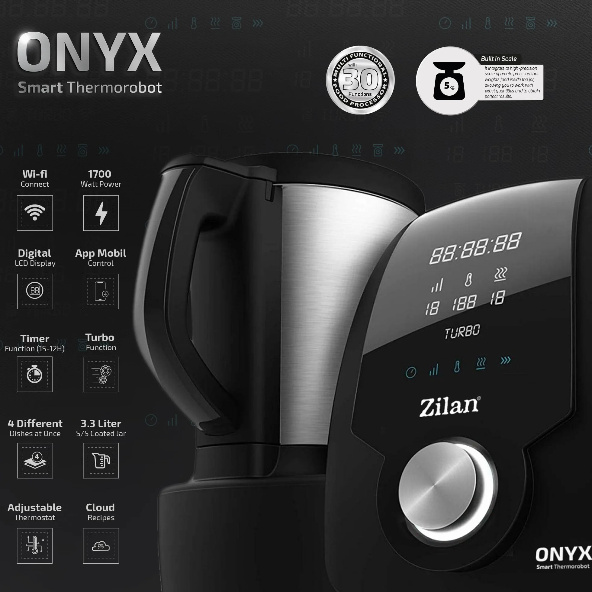 Zilan ONYX Thermorobot,Robot de Cocina Multifunción con Wi-Fi,30 Funciones, pantalla LED digital, Báscula integradar, 3,3L, 1700W