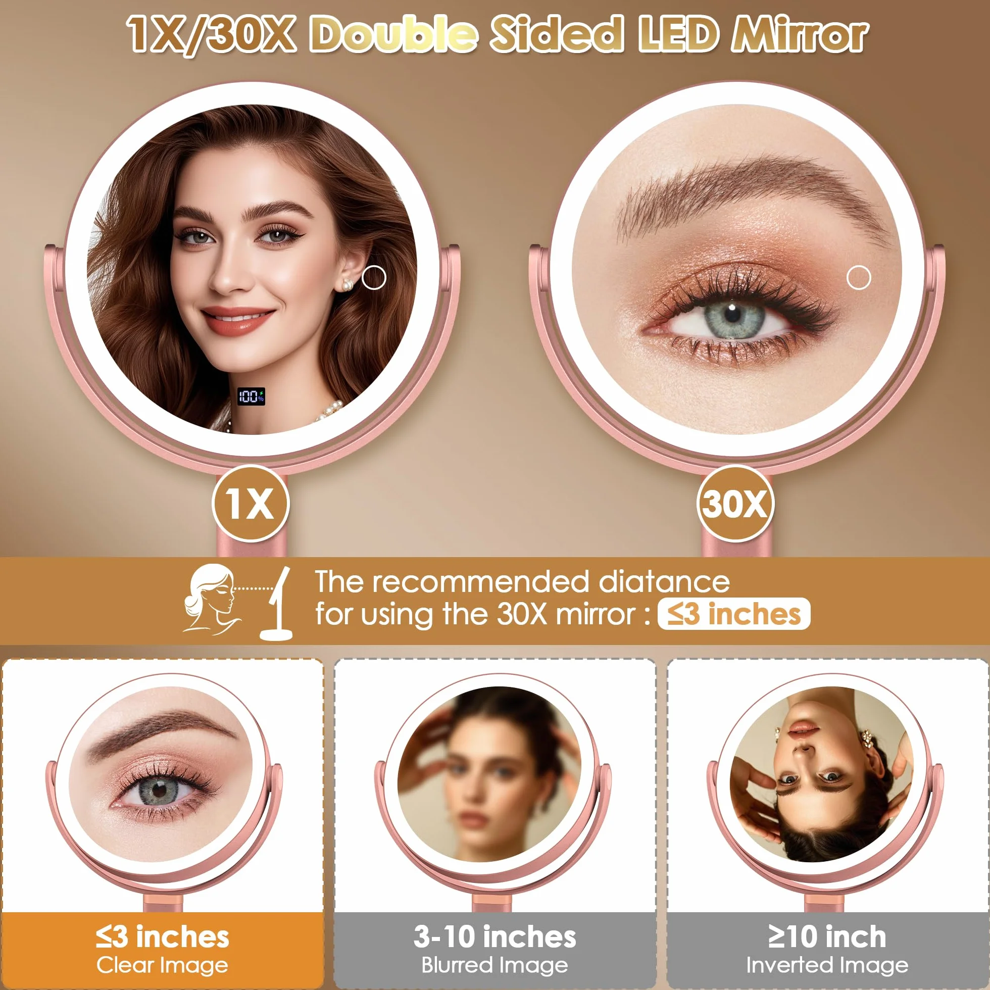 MIYADIVA Espejo de maquillaje con luces, espejo de aumento 30X/1X con pantalla digital, espejos de mesa de altura ajustable, desmontable para viajes, espejos de tocador con soportes para teléfono, oro