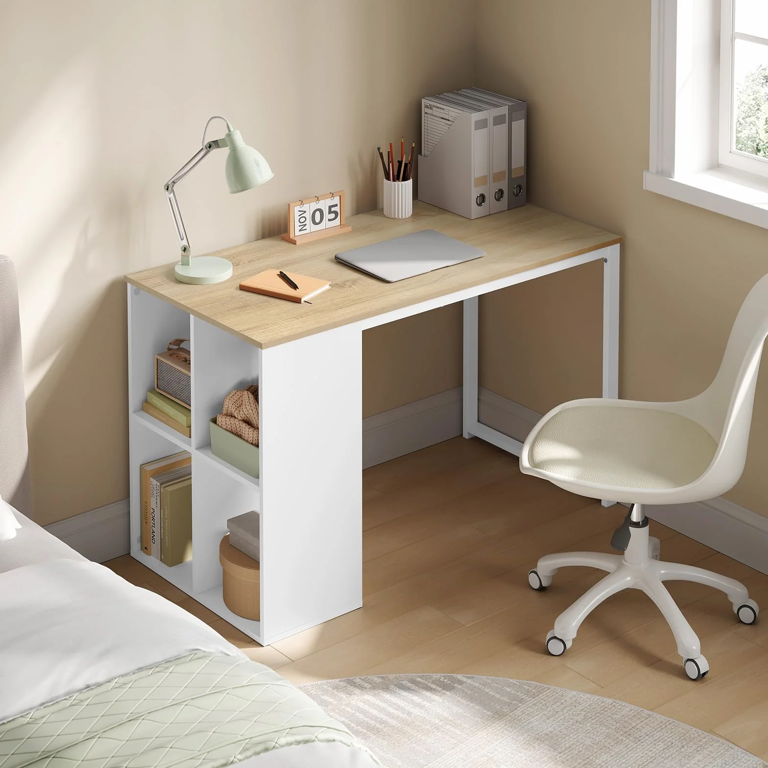 WOLTU Escritorio de Oficina con Estantería y Almacenamiento, Blanco Brillante, 120x60x75 cm, Mesa Estudio Multifuncional para Ordenador, Dormitorio, Estudio