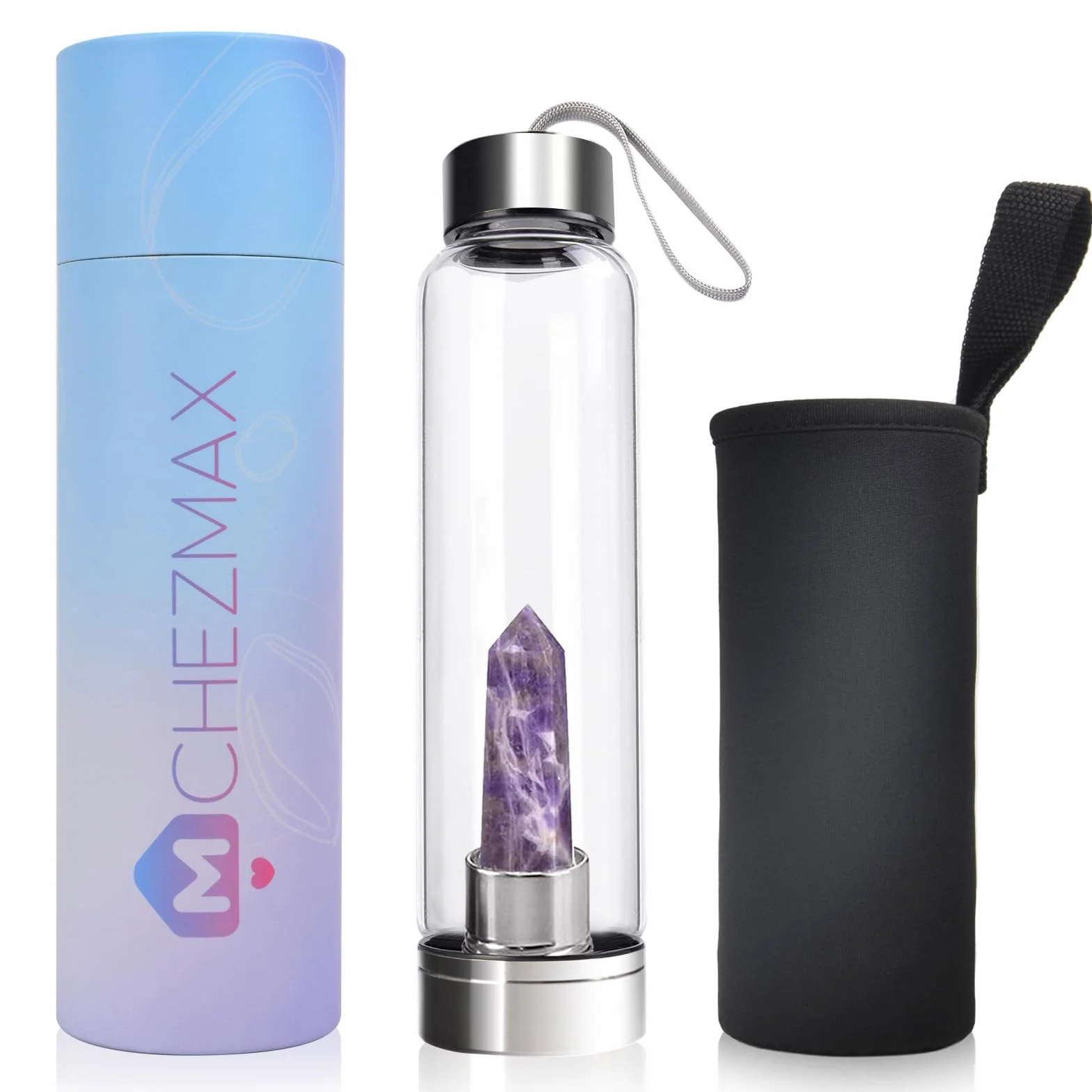 ChezMax Botella de agua de cristal con cristal natural extraíble