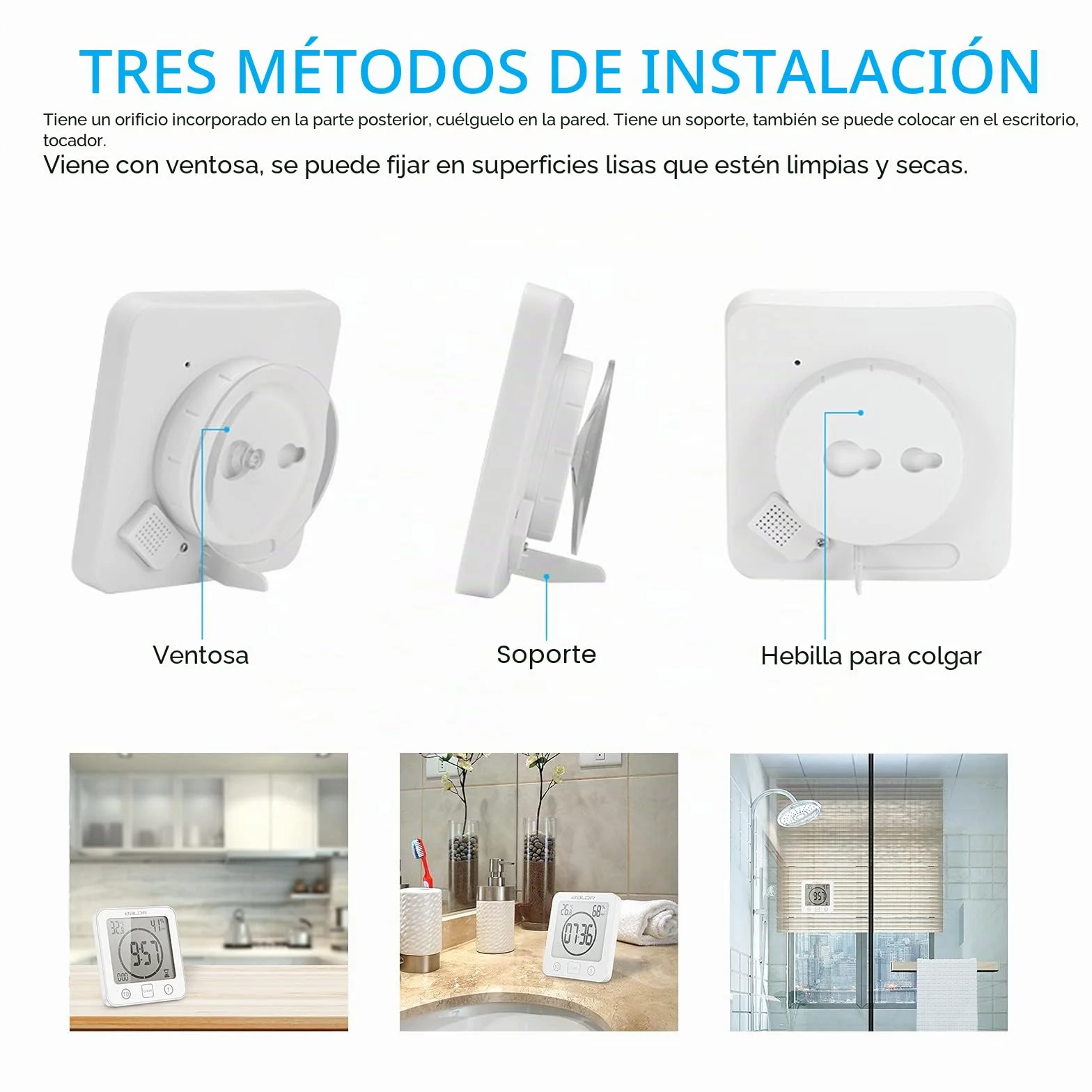 ZONJIE Reloj de baño impermeable digital con temporizador, ventosa, indicador temperatura humedad, táctil (blanco)