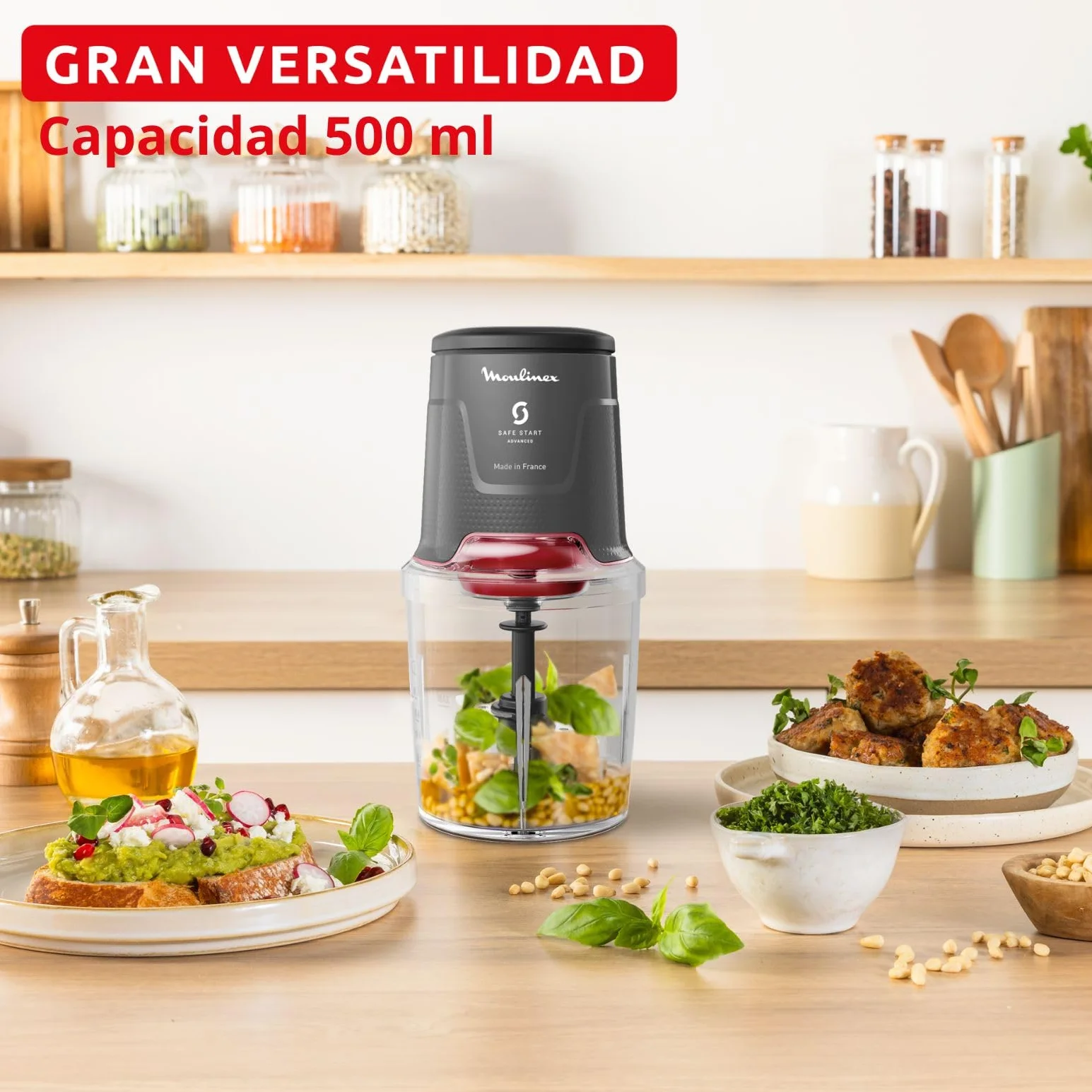 Moulinex Easy Press, Picadora de alimentos, 600 W, Capacidad de 500 ml, 4 cuchillas afiladas de acero inoxidable, Tecnología Safe Start Advanced, 3 funciones, Apta lavavajillas, Gris, AT740HF1
