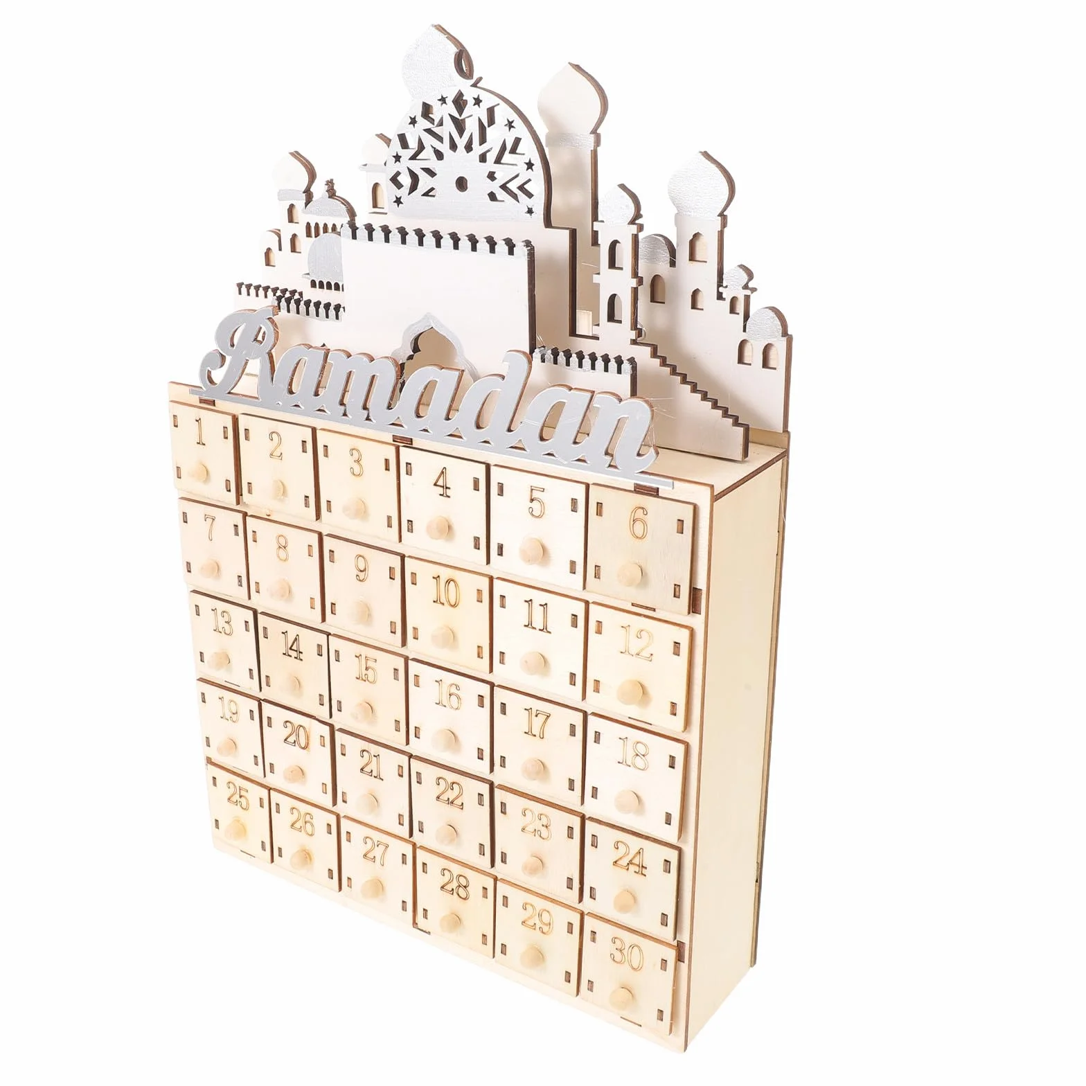 STOBAZA Calendario de Cuenta Regresiva para Ramadán con 30 Cajones de Madera y Luz Led, Decoración Beige Hogar y Festival de Eid Mubarak
