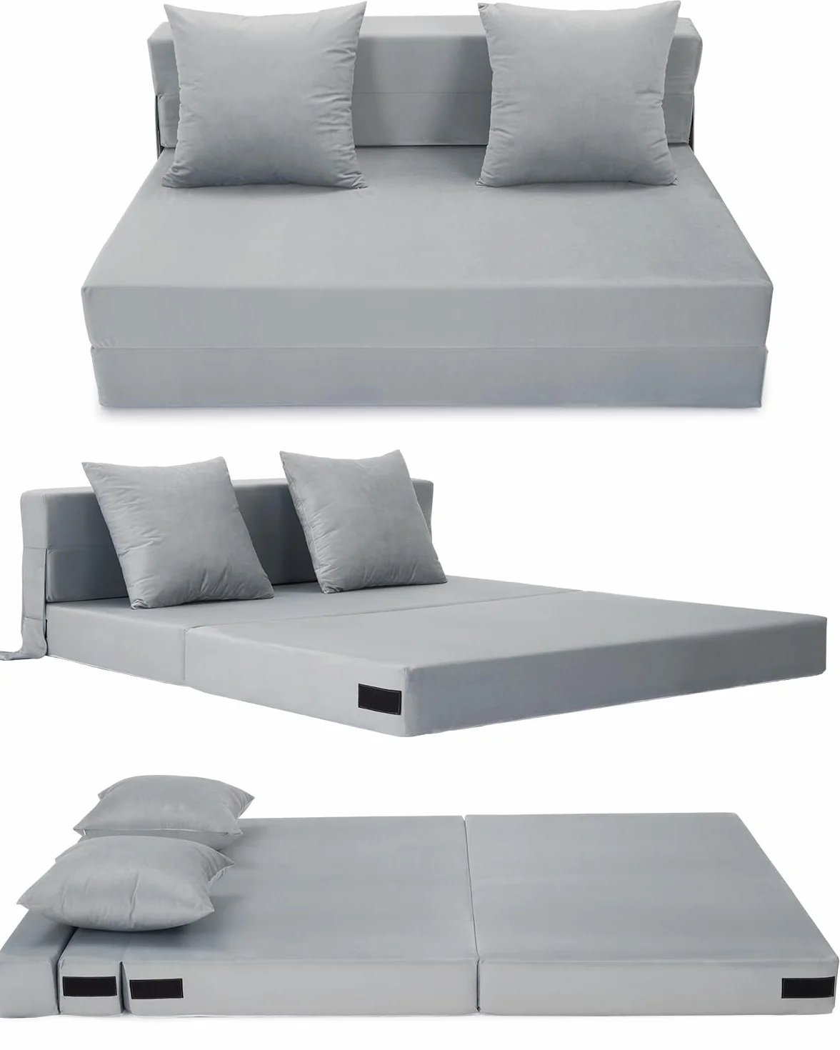 HAUSPROFI Sofá Cama 2 Plazas, 140x200 cm Cama Plegable con Funda Terciopelo Y 2 Cojines, Funda Extraíble Lavable, Colchón Plegable Espuma Poliuretano Alta Elasticidad (Gris)