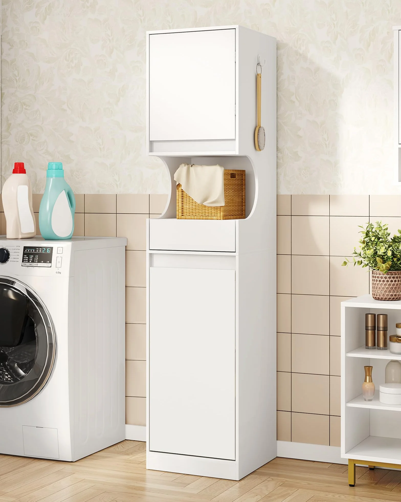Hzuaneri Mueble Columna de Baño, Mueble Ropa Sucia con 1 Cesto para Ropa, Columna de Baño Mueble de Baños, Apto para baños, lavadero, Sala de Estar, 40 x 40 x 174 cm, Blanco BC43013X