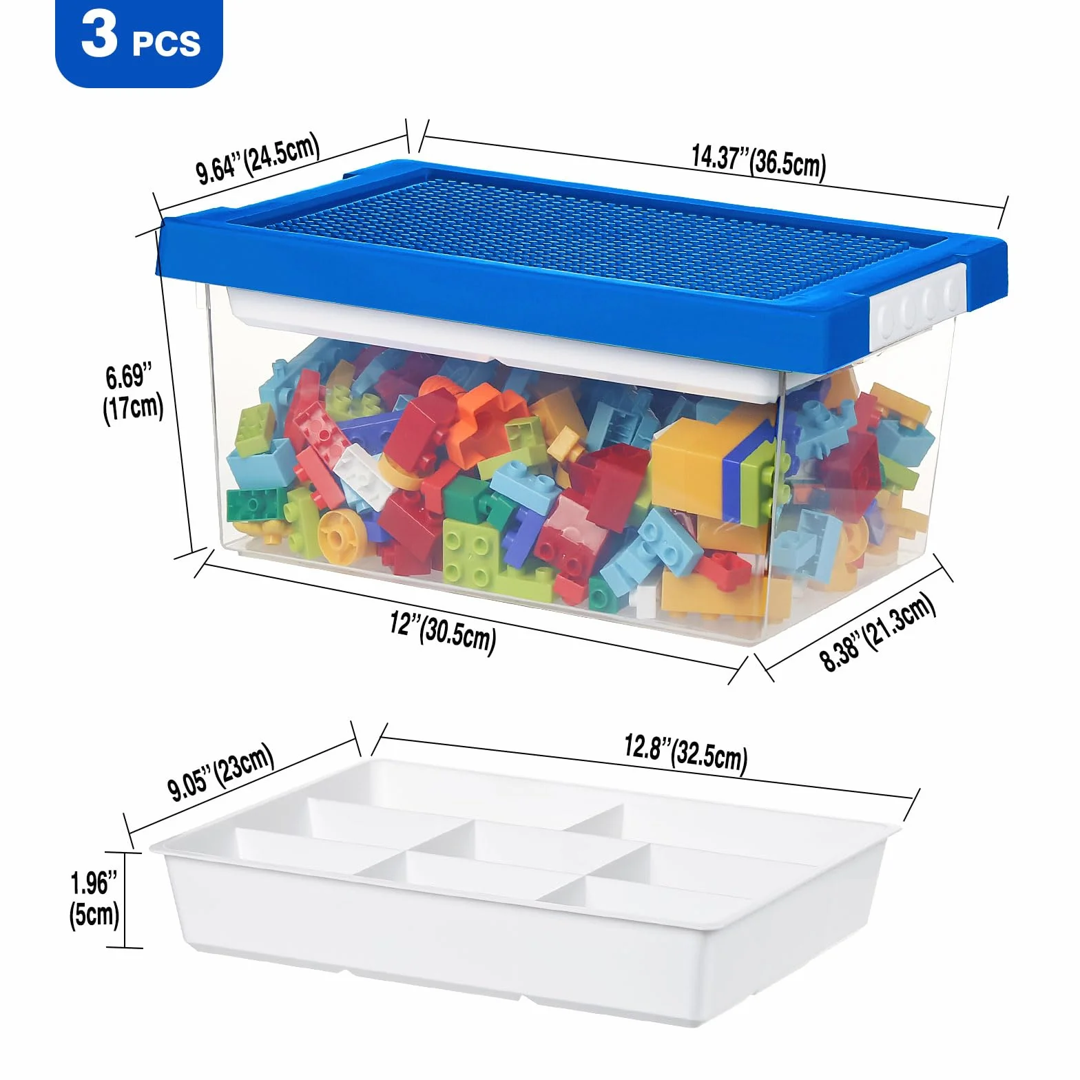 Greentainer Set de 3 Cajas de Almacenamiento de Juguetes con Tapa y Bandeja Extraíble, PP Apilable, Organizador para Bloques, Compatible con Ladrillos, para Habitación Infantil(Azul)