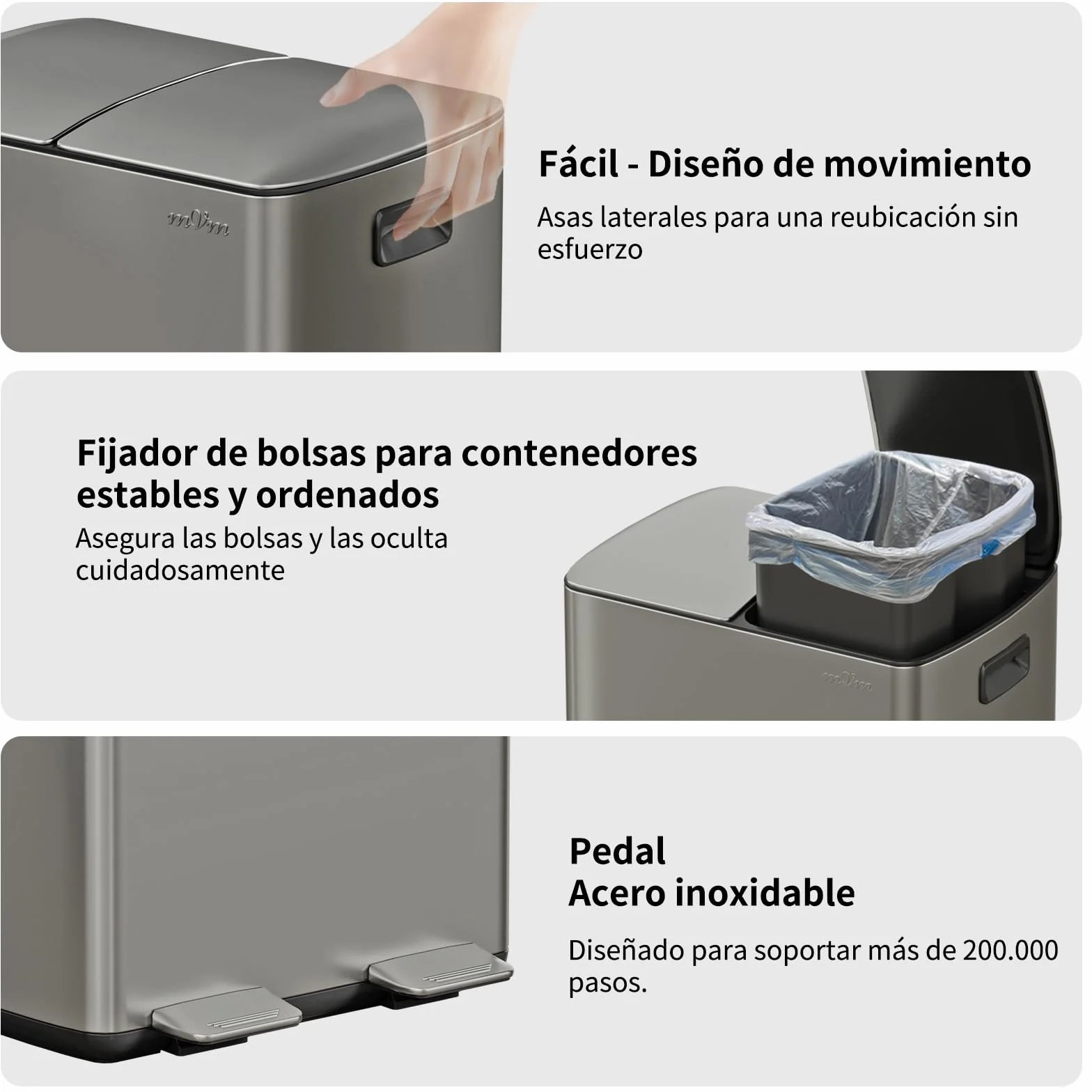 mVm Cubo de Basura Reciclable, Basurero de 60 L, 2 Compartimentos 2 x 30L con Pedal y Tapa de Cierre Suave, Papelera Moderna y Robusta, para Cocina, Salón, Gris