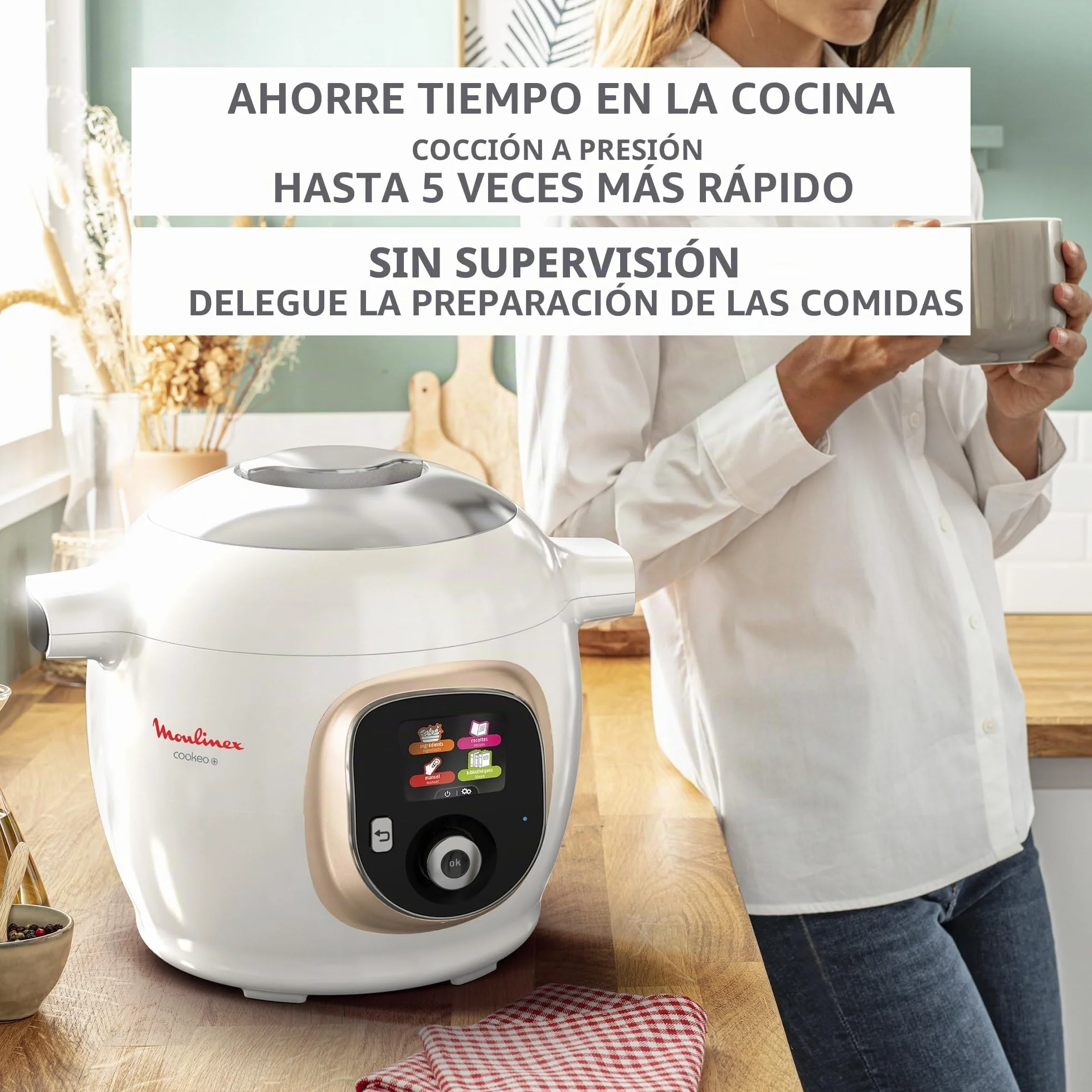 Moulinex, Cookeo - Multicooker inteligente 6L, 150 recetas integradas, cocción sin vigilancia, pantalla intuitiva, guía de cocción, aplicación MyMoulinex, 1600 W, blanco, 15 años reparabilidad