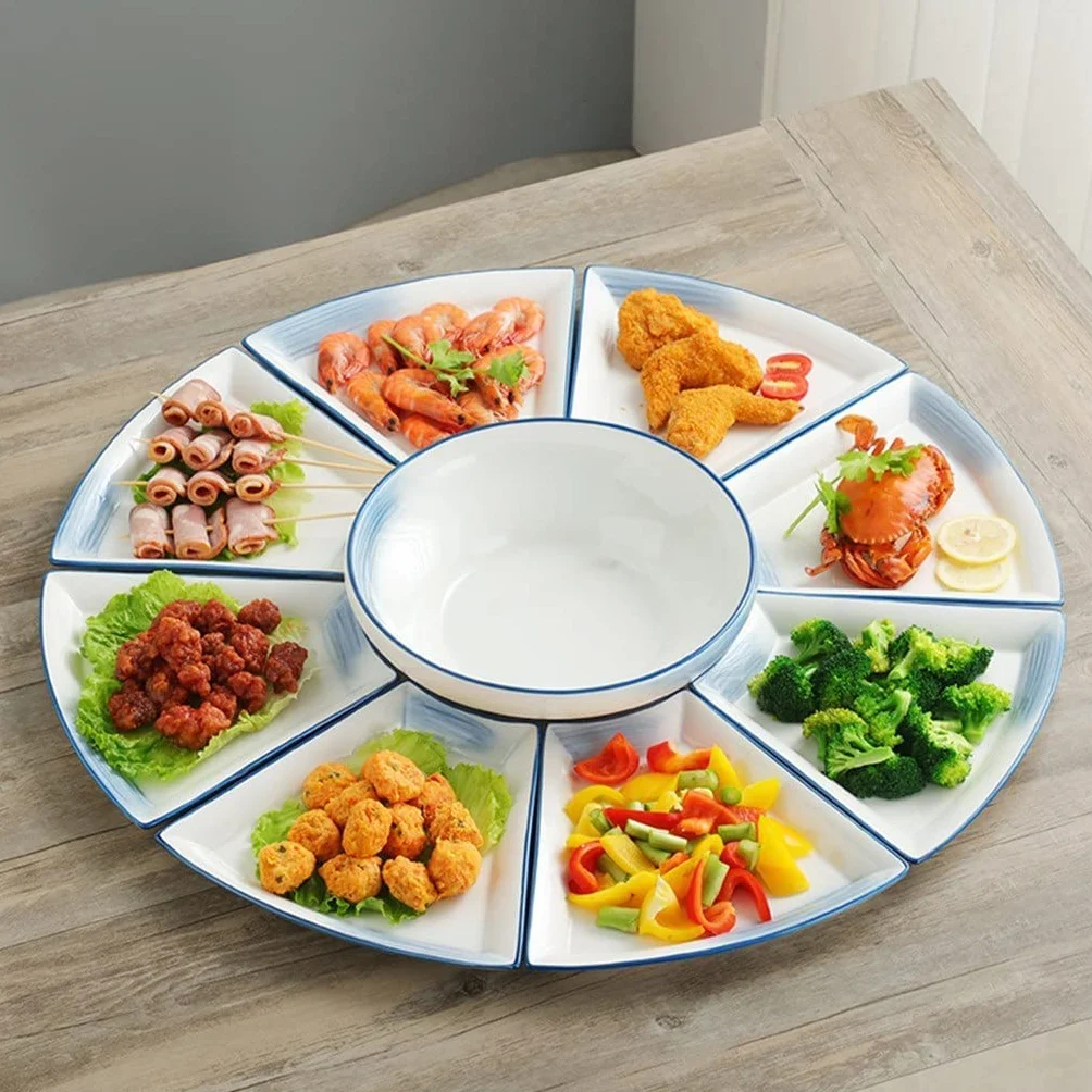 Juego de platos de bricolaje Plato combinado Plato de cerámica Compartimiento doméstico Plato de mesa redonda Plato en forma de abanico Vajilla (Color : 3-pack, Size decorate