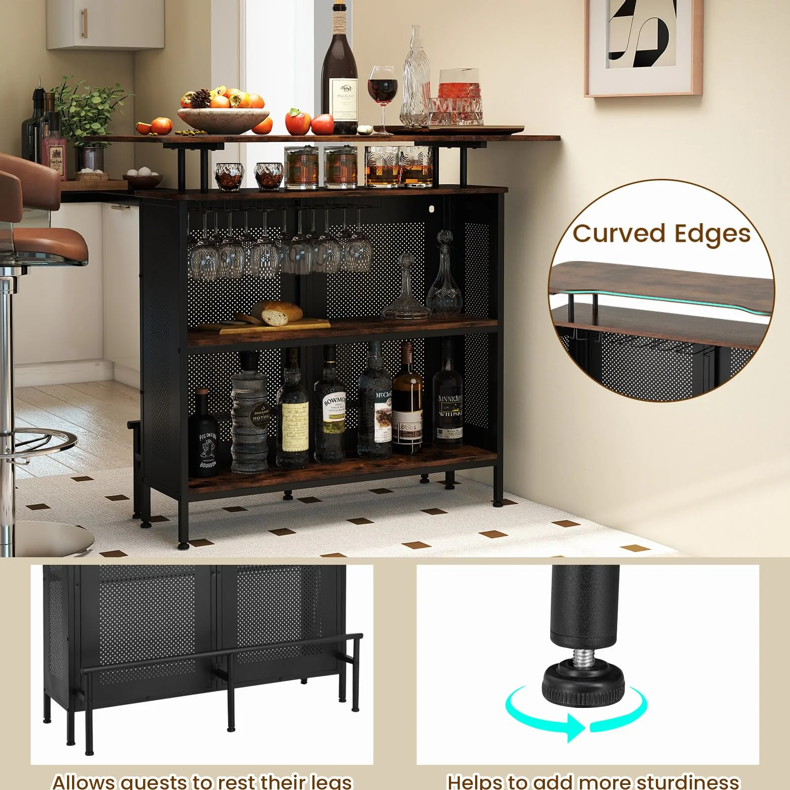 KOMFOTTEU Mesa Alta de Bar con Estante Elevado y Portavasos, Mesa Barra de Cocina de 4 Niveles de Metal, Mueble de Comedor Industrial con Patas Ajustables (Rectangular, Marrón)