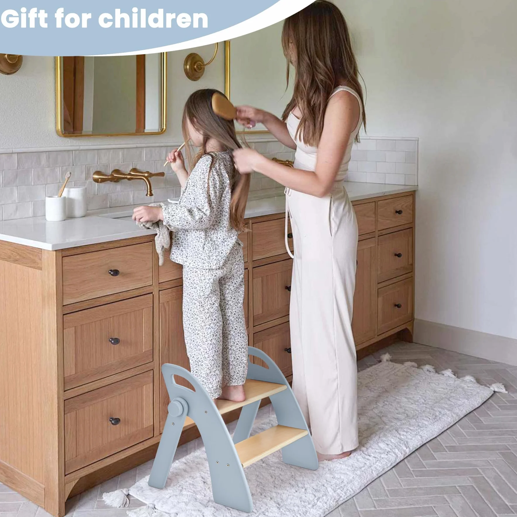 Taburete Niños Madera 2 Peldaños Plegable 130 kg Alfombrilla Antideslizante Asas Escalon Infantil Azul