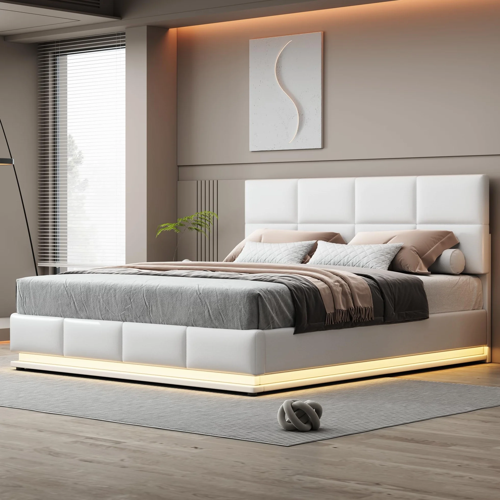 Merax Cama acolchada hidráulica de 180 x 200 cm, con espacio de almacenamiento, cama con iluminación LED, para jóvenes, adultos, piel sintética, color blanco (sin colchón)