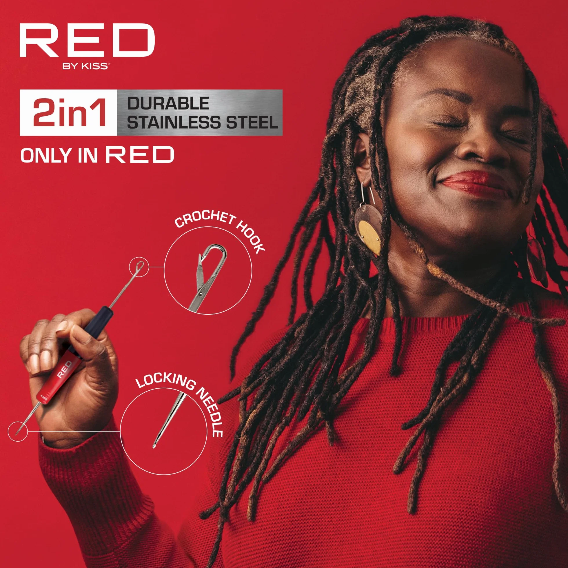 Red by Kiss Dread Crochet Hook Duo 2 en 1 de 0,75 mm, aguja de bloqueo y gancho de ganchillo para principiantes, agarre antideslizante, tejido de pelo para rastas retorcidas