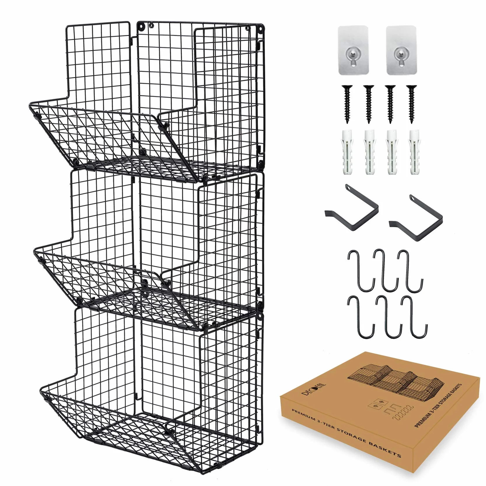 ACAGALA Estantería de pared de alambre de hierro de 3 niveles, cesta de almacenamiento montada en la puerta con ganchos y cinta adhesiva que no deja residuos, estante de cocina para frutas, toallas y