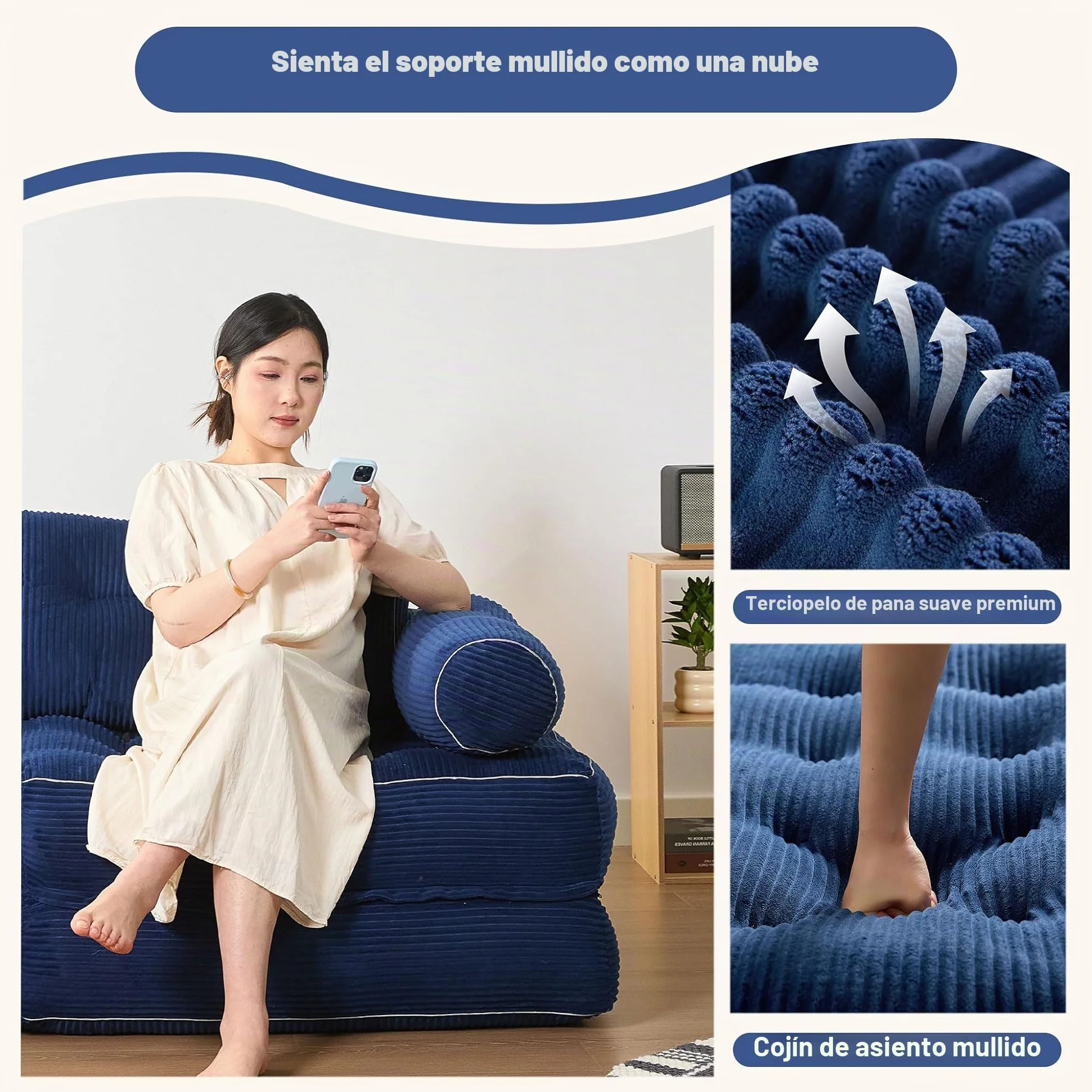 Sillón Cama Individual Plegable con Respaldo y Espuma viscoelástica, sofá de Suelo Tipo futón Convertible en colchón, Ideal para salón, Dormitorio u Oficina