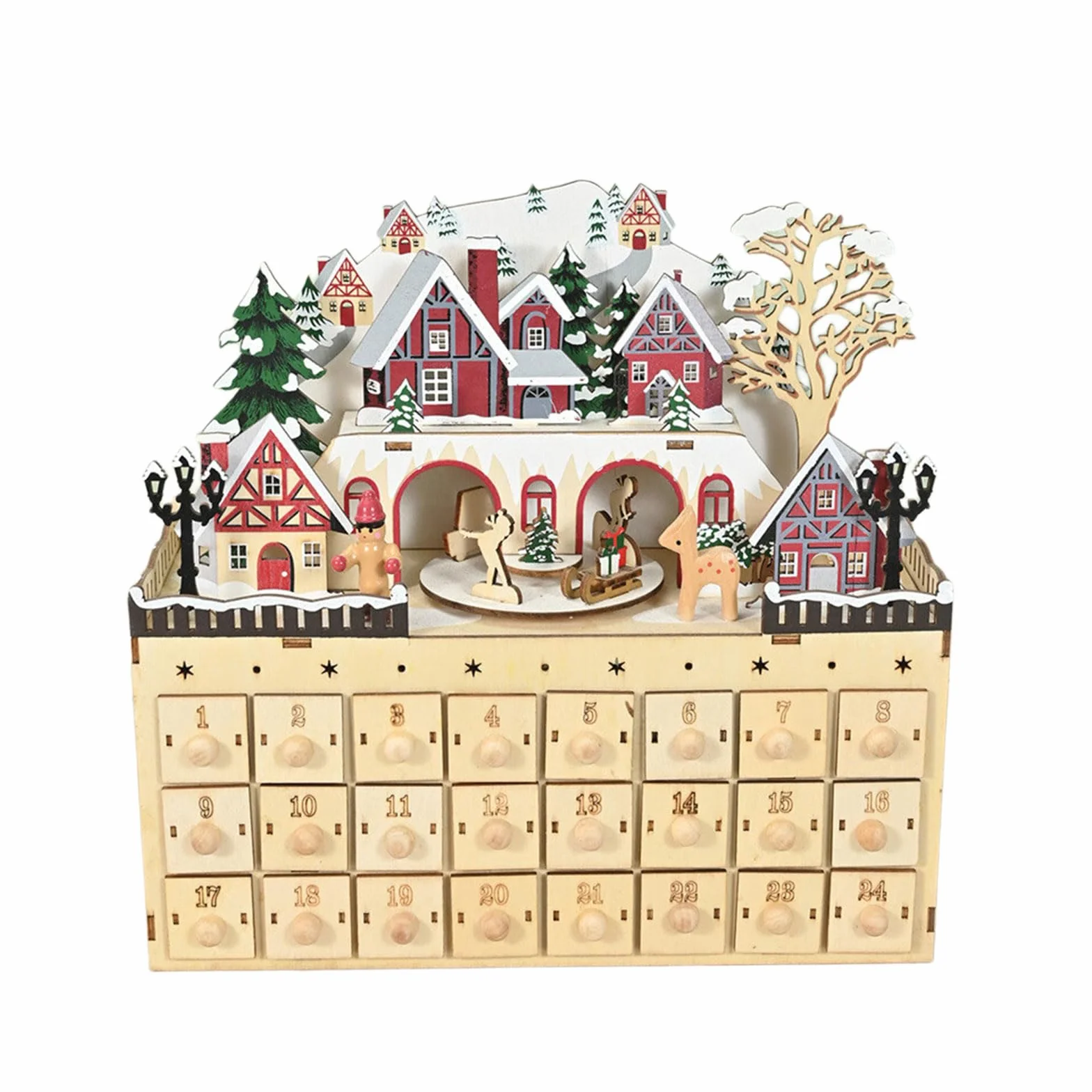 Gabinete de Calendario de Adviento de Navidad de Madera Natural con 24 Compartimentos de Regalo Adorno de Cuenta Regresiva de Casa de Pueblo Gabinete de Calendario de Cuenta Regresiva de Navidad